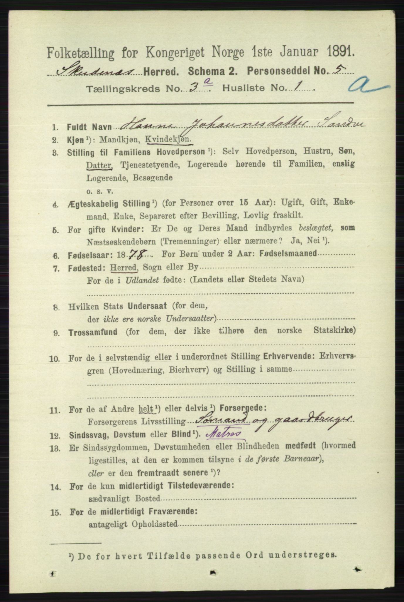 RA, 1891 census for 1150 Skudenes, 1891, p. 1379