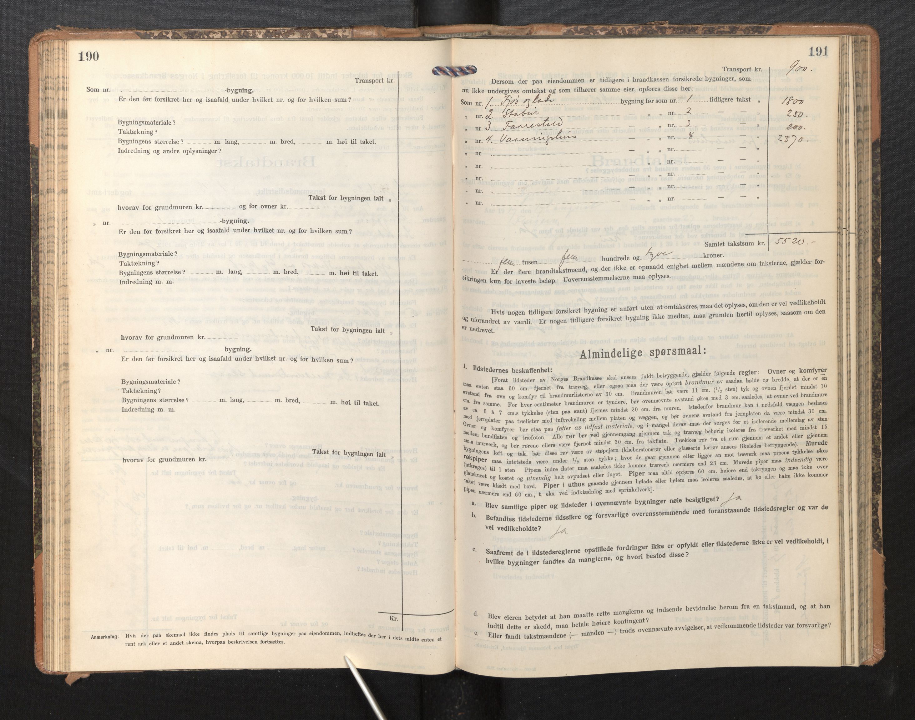 Lensmannen i Sogndal, AV/SAB-A-29901/0012/L0011: Branntakstprotokoll, skjematakst, 1914-1922, p. 190-191