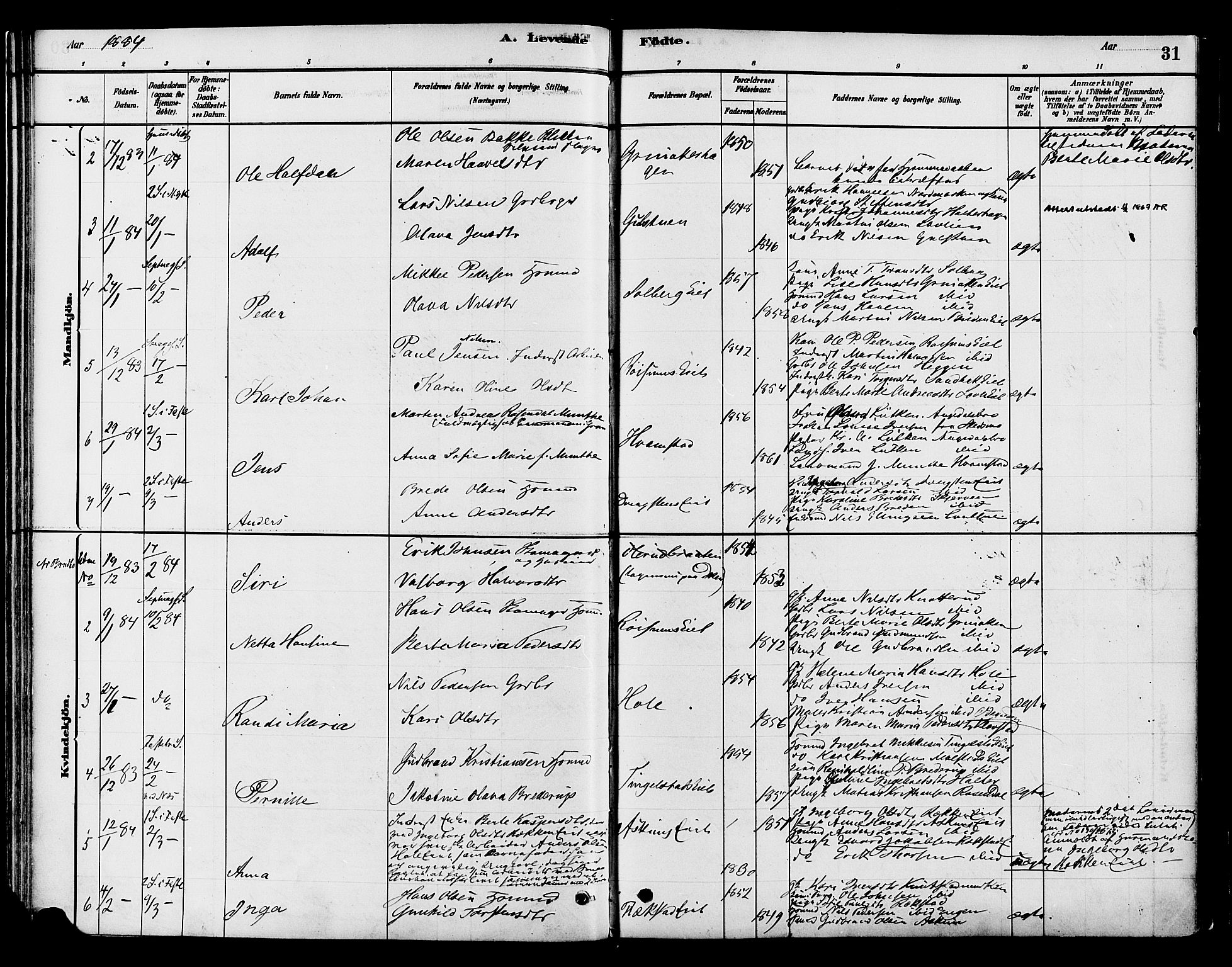 Gran prestekontor, SAH/PREST-112/H/Ha/Haa/L0016: Parish register (official) no. 16, 1880-1888, p. 31