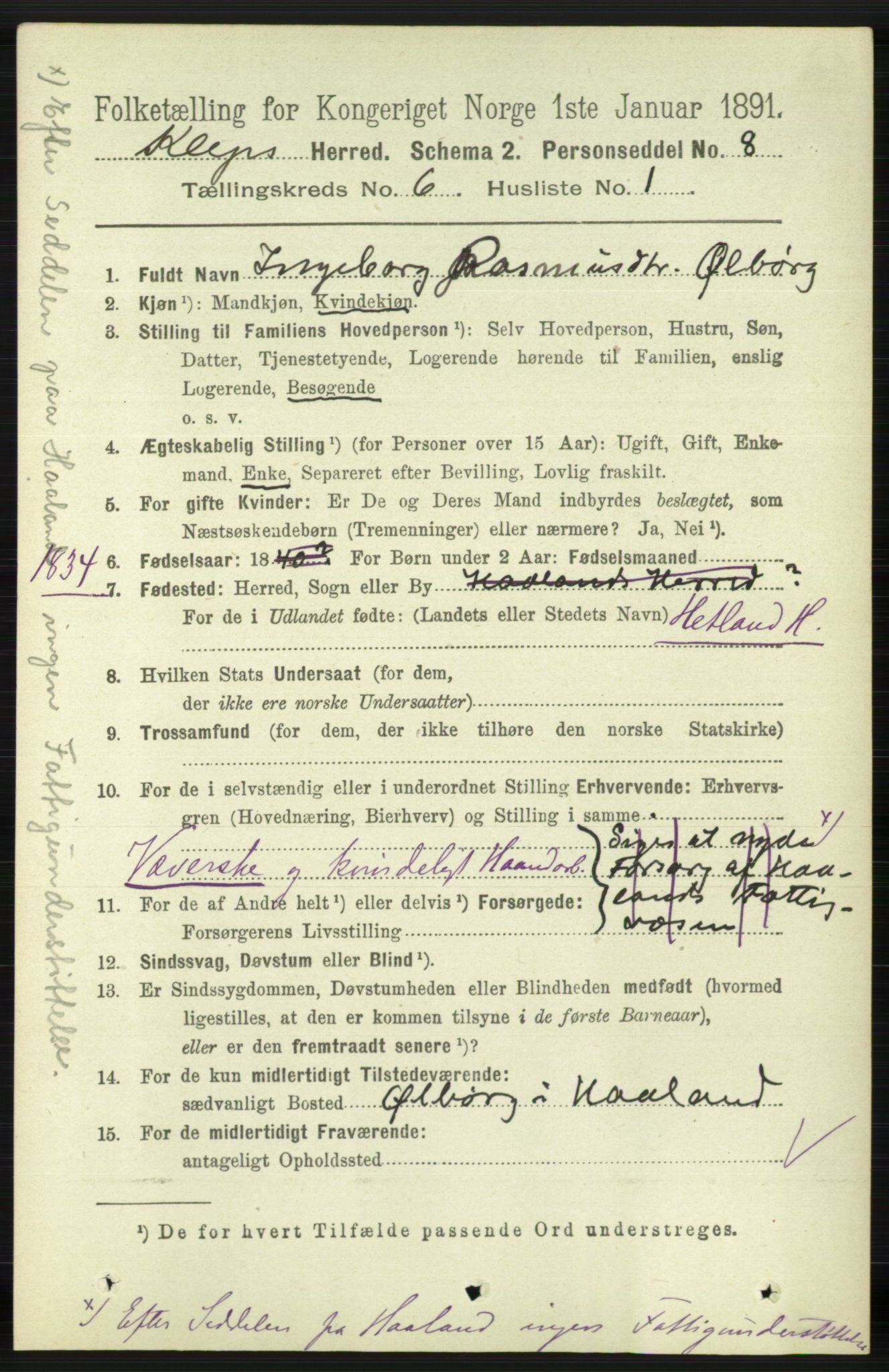 RA, 1891 census for 1120 Klepp, 1891, p. 1723