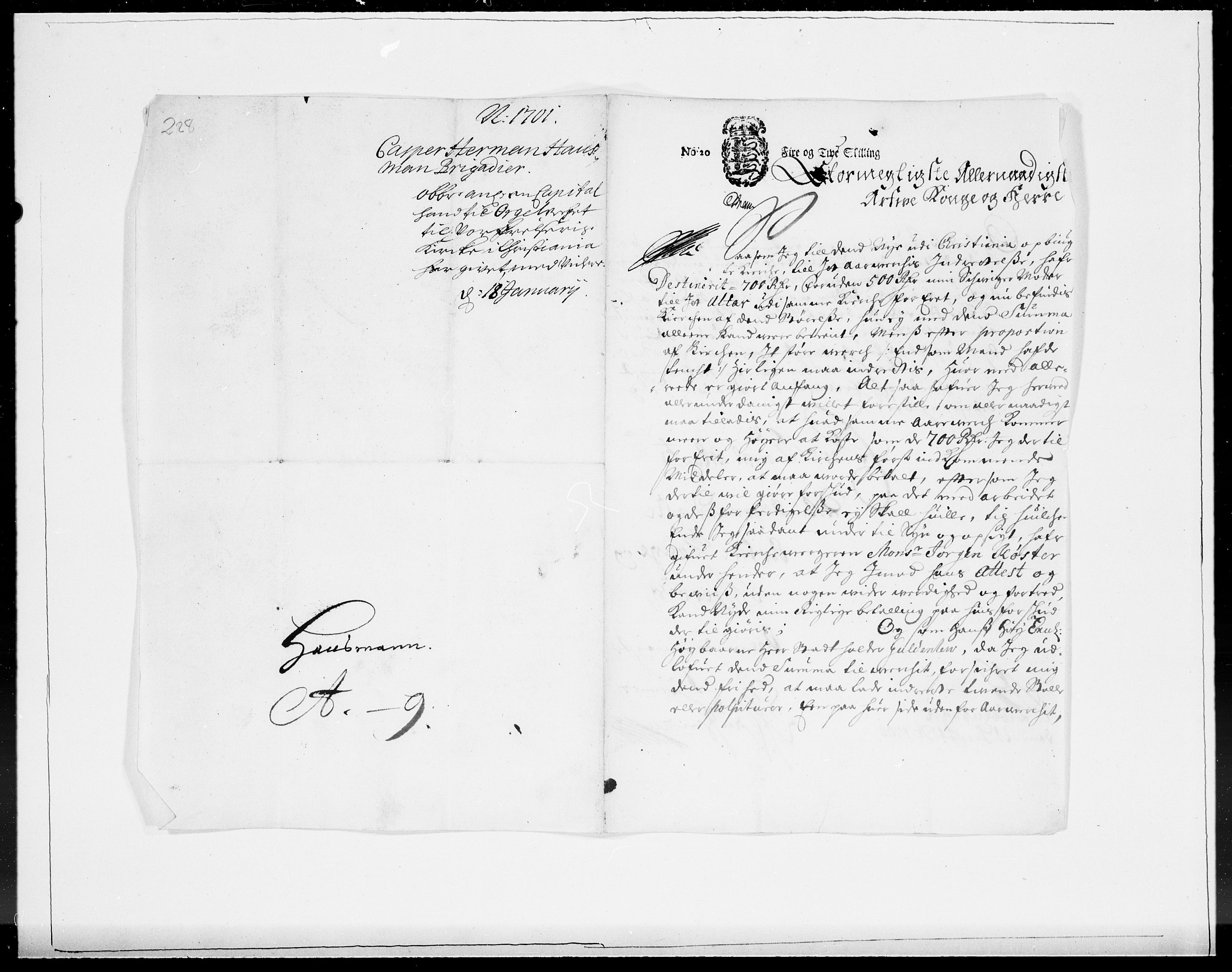 Danske Kanselli 1572-1799, AV/RA-EA-3023/F/Fc/Fcc/Fcca/L0052: Norske innlegg 1572-1799, 1701, p. 13