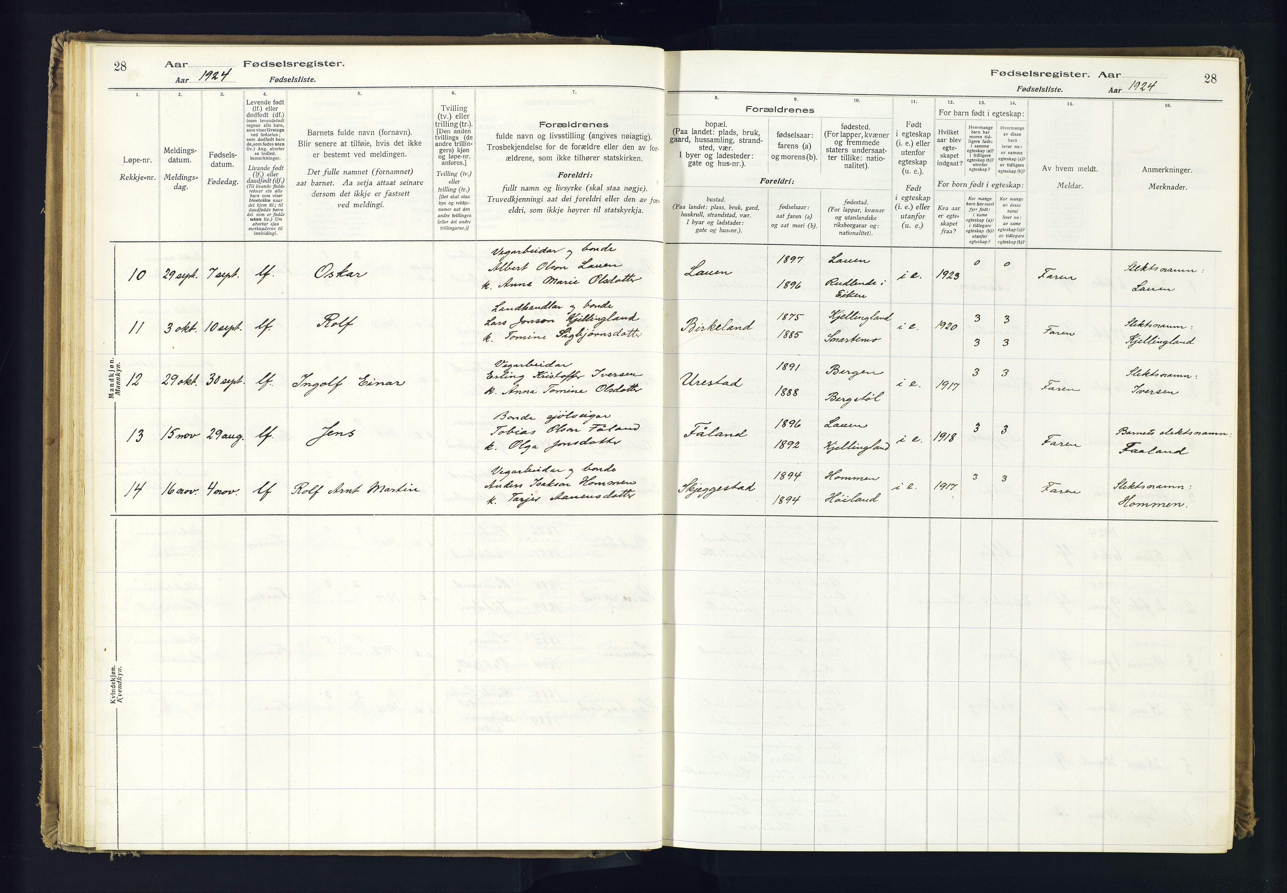 Hægebostad sokneprestkontor, SAK/1111-0024/J/Ja/L0001: Birth register no. II.6.7, 1916-1982, p. 28