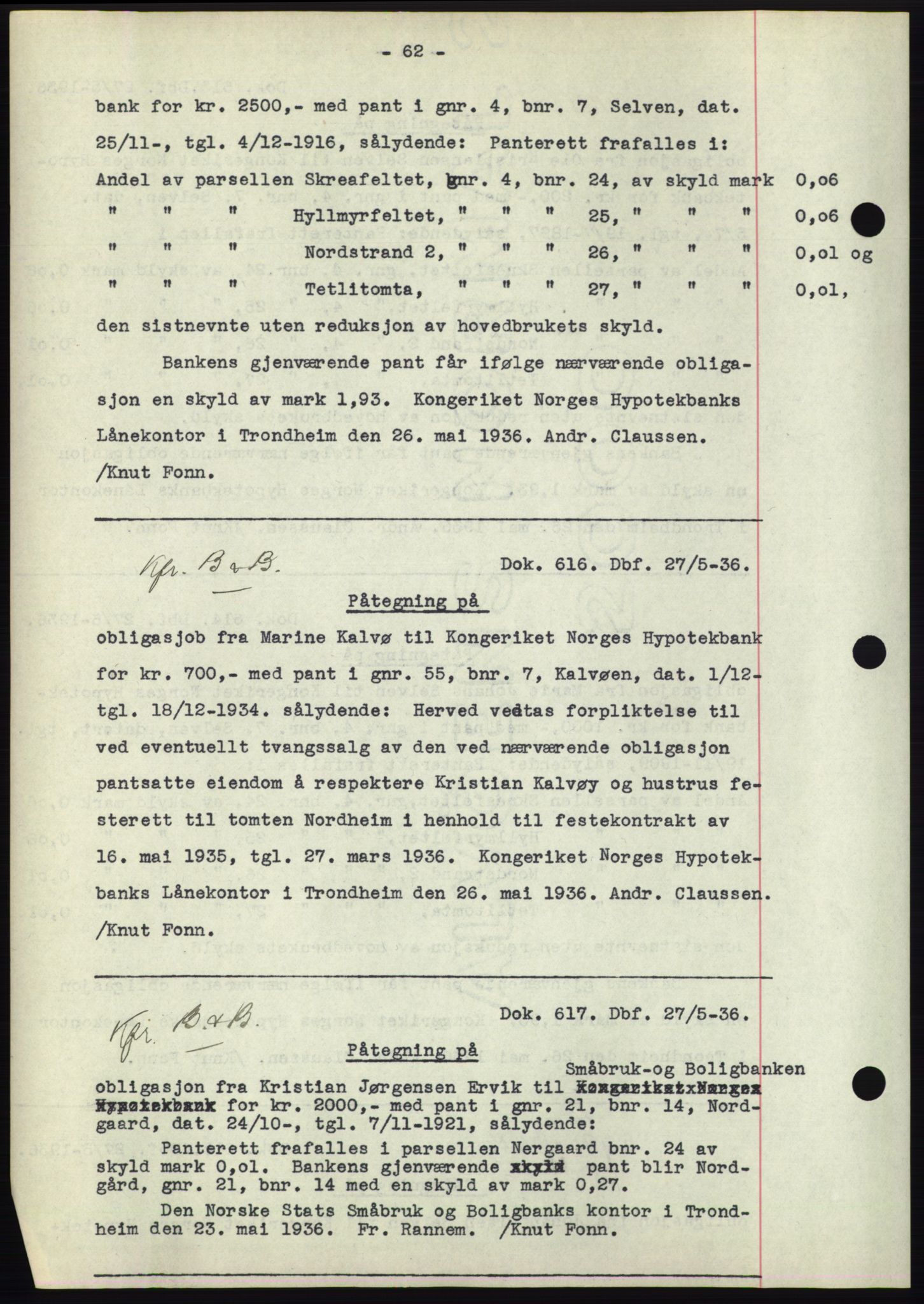 Hitra sorenskriveri, AV/SAT-A-0018/2/2C/2Ca: Mortgage book no. C1, 1936-1945, Diary no: : 616/1936