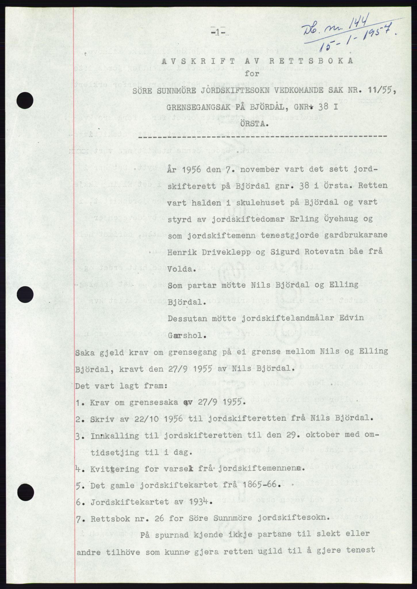 Søre Sunnmøre sorenskriveri, AV/SAT-A-4122/1/2/2C/L0105: Mortgage book no. 31A, 1956-1957, Diary no: : 144/1957