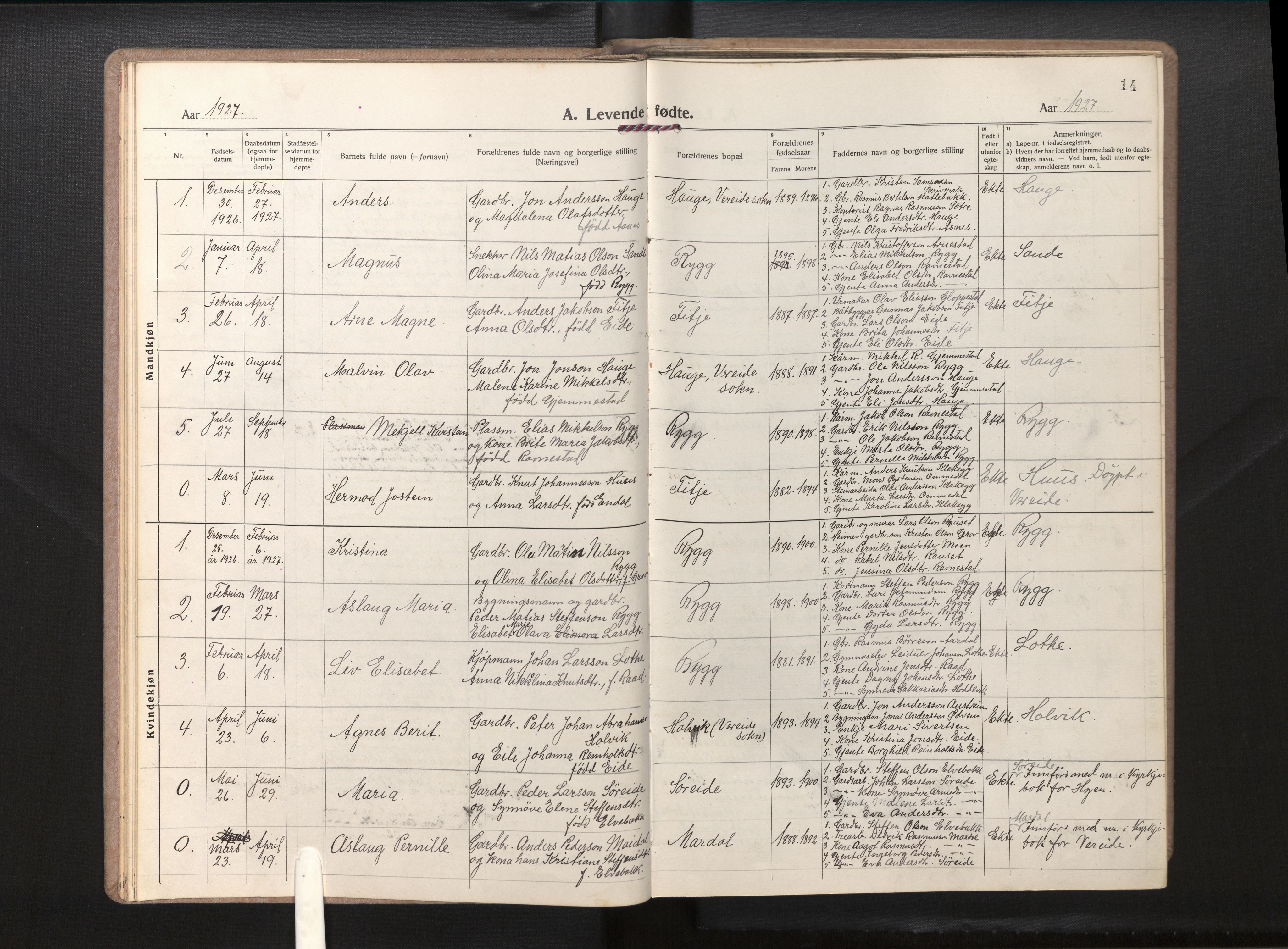 Gloppen sokneprestembete, AV/SAB-A-80101/H/Hab/Habd/L0002: Parish register (copy) no. D 2, 1921-1967, p. 13b-14a