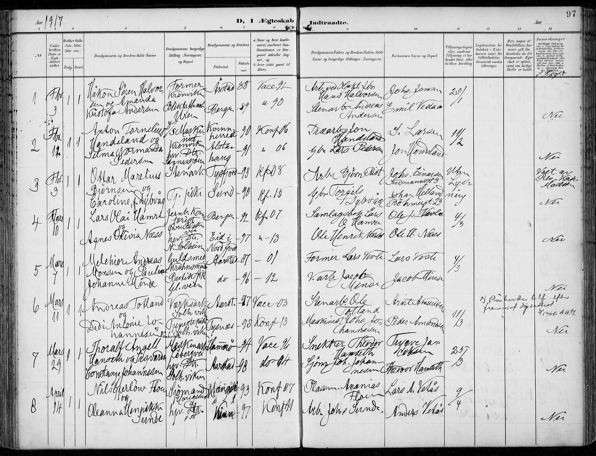 Årstad Sokneprestembete, AV/SAB-A-79301/H/Haa/L0009: Parish register (official) no. C 1, 1902-1918, p. 97