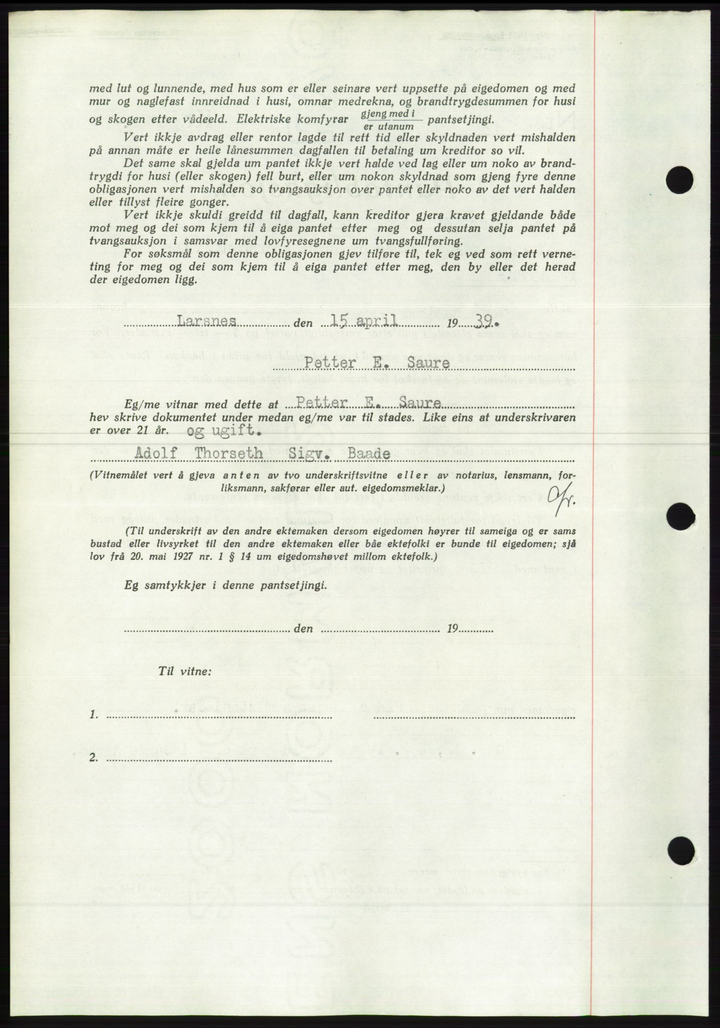 Søre Sunnmøre sorenskriveri, AV/SAT-A-4122/1/2/2C/L0067: Mortgage book no. 61, 1938-1939, Diary no: : 544/1939