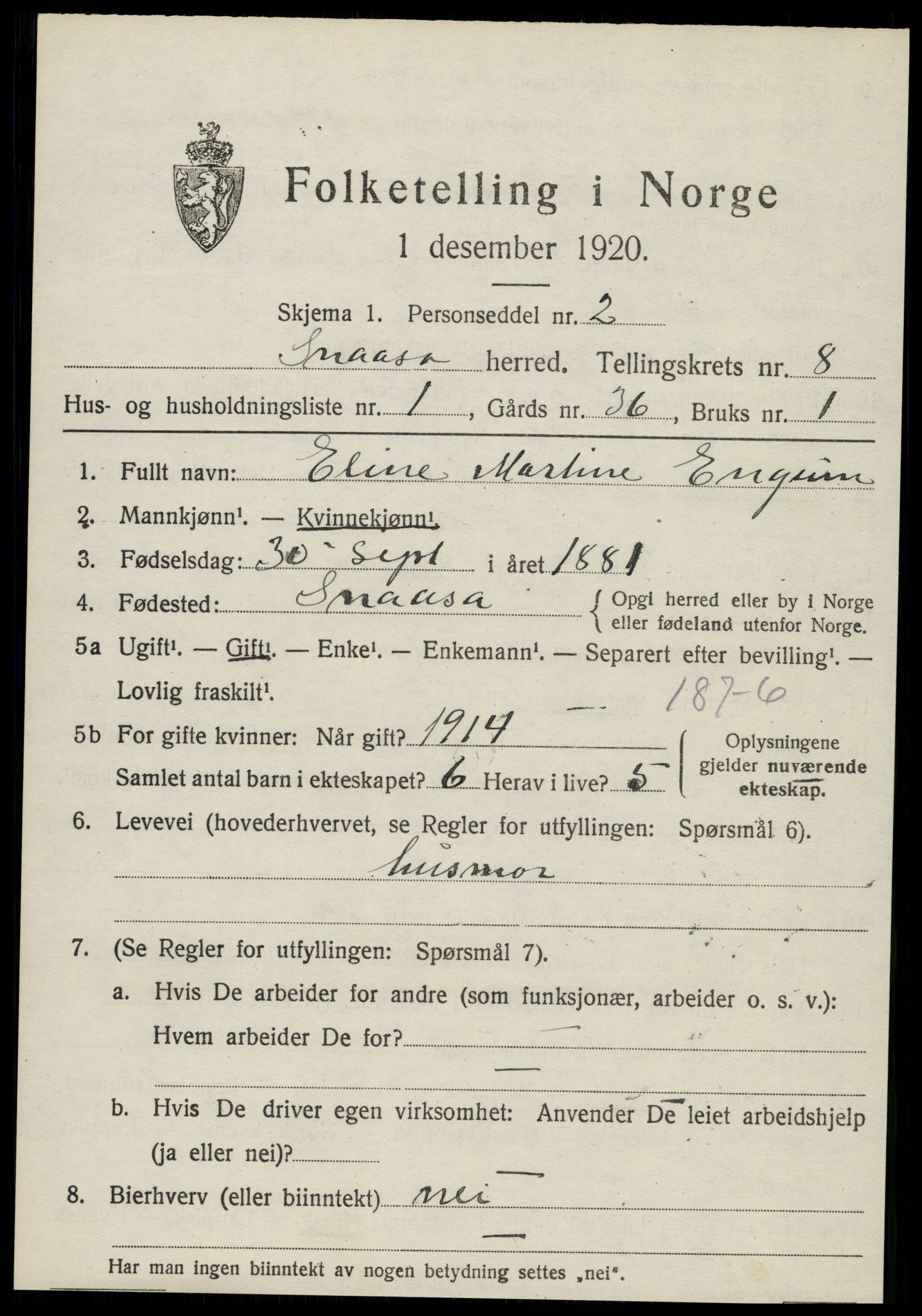 SAT, 1920 census for Snåsa, 1920, p. 3172