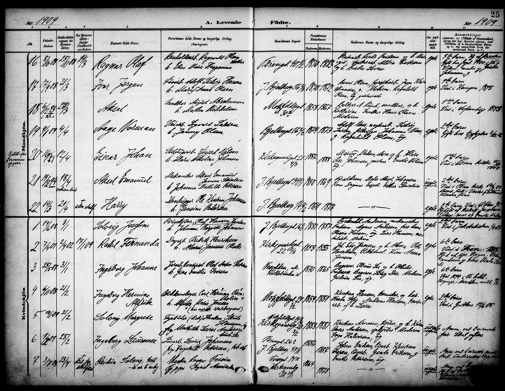 Tøyen prestekontor Kirkebøker, AV/SAO-A-10167a/F/Fa/L0001: Parish register (official) no. I 1, 1907-1916, p. 25