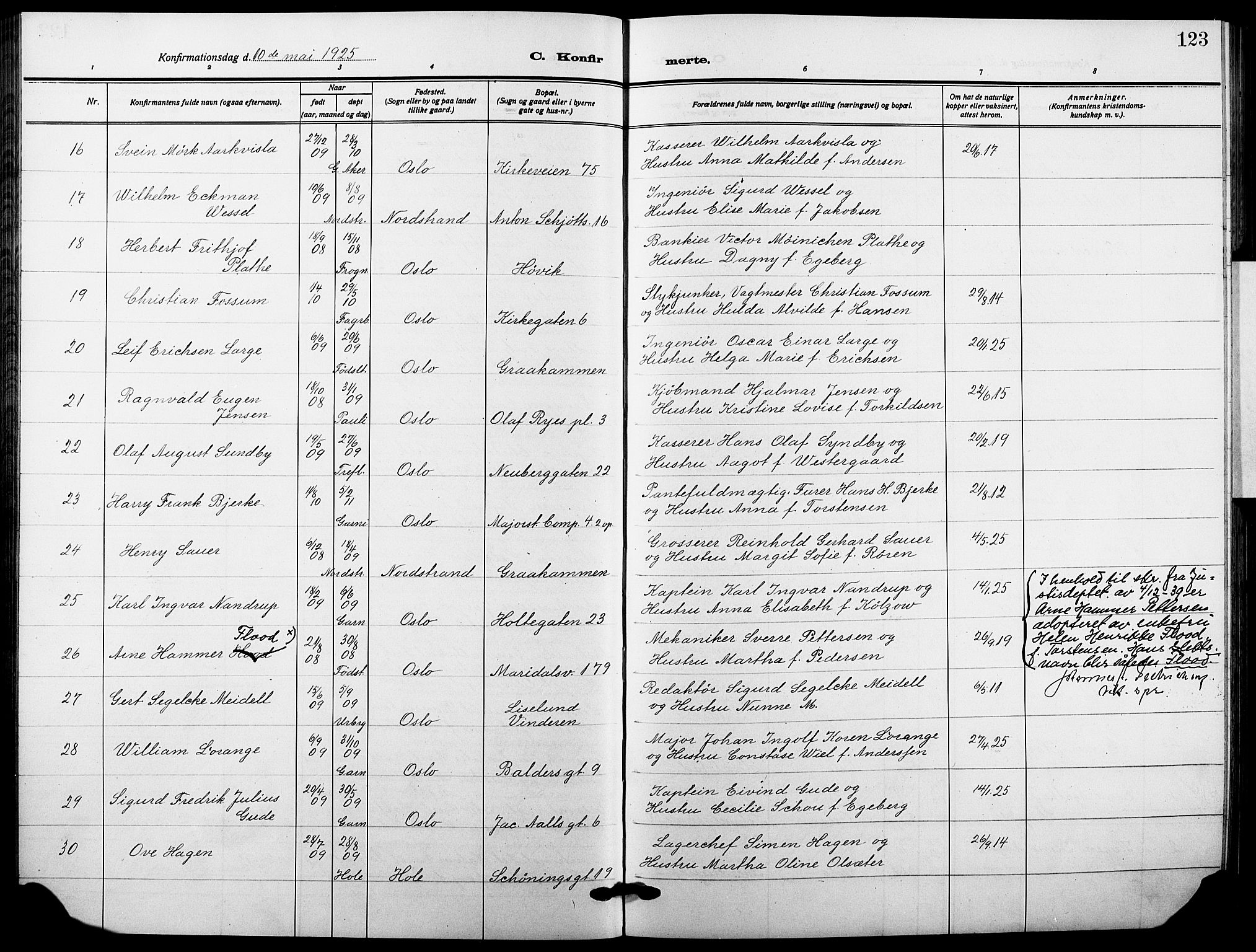 Garnisonsmenigheten Kirkebøker, AV/SAO-A-10846/F/Fa/L0016: Parish register (official) no. 16, 1922-1930, p. 123