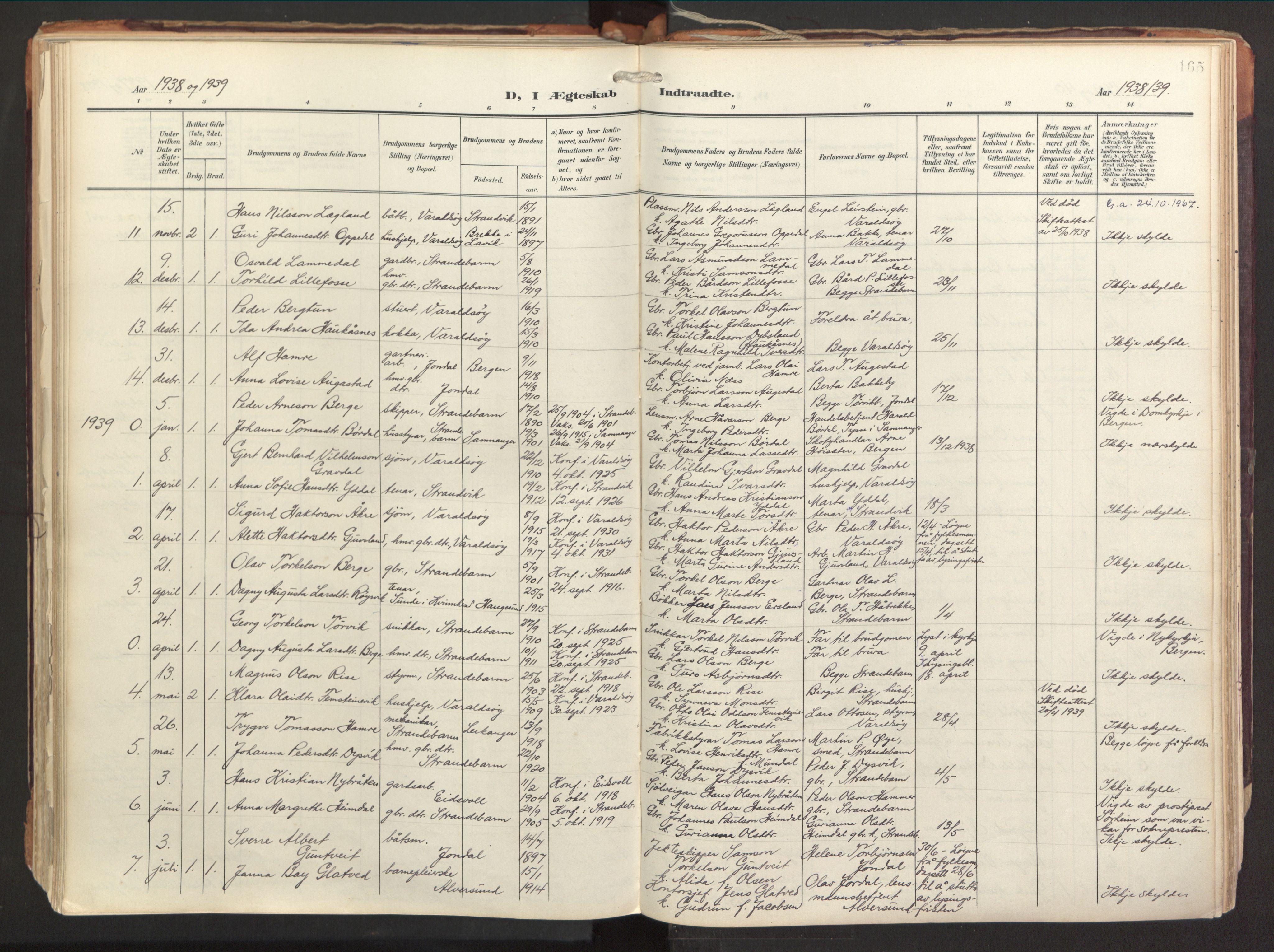 Strandebarm sokneprestembete, SAB/A-78401/H/Haa: Parish register (official) no. B 2, 1909-1941, p. 165