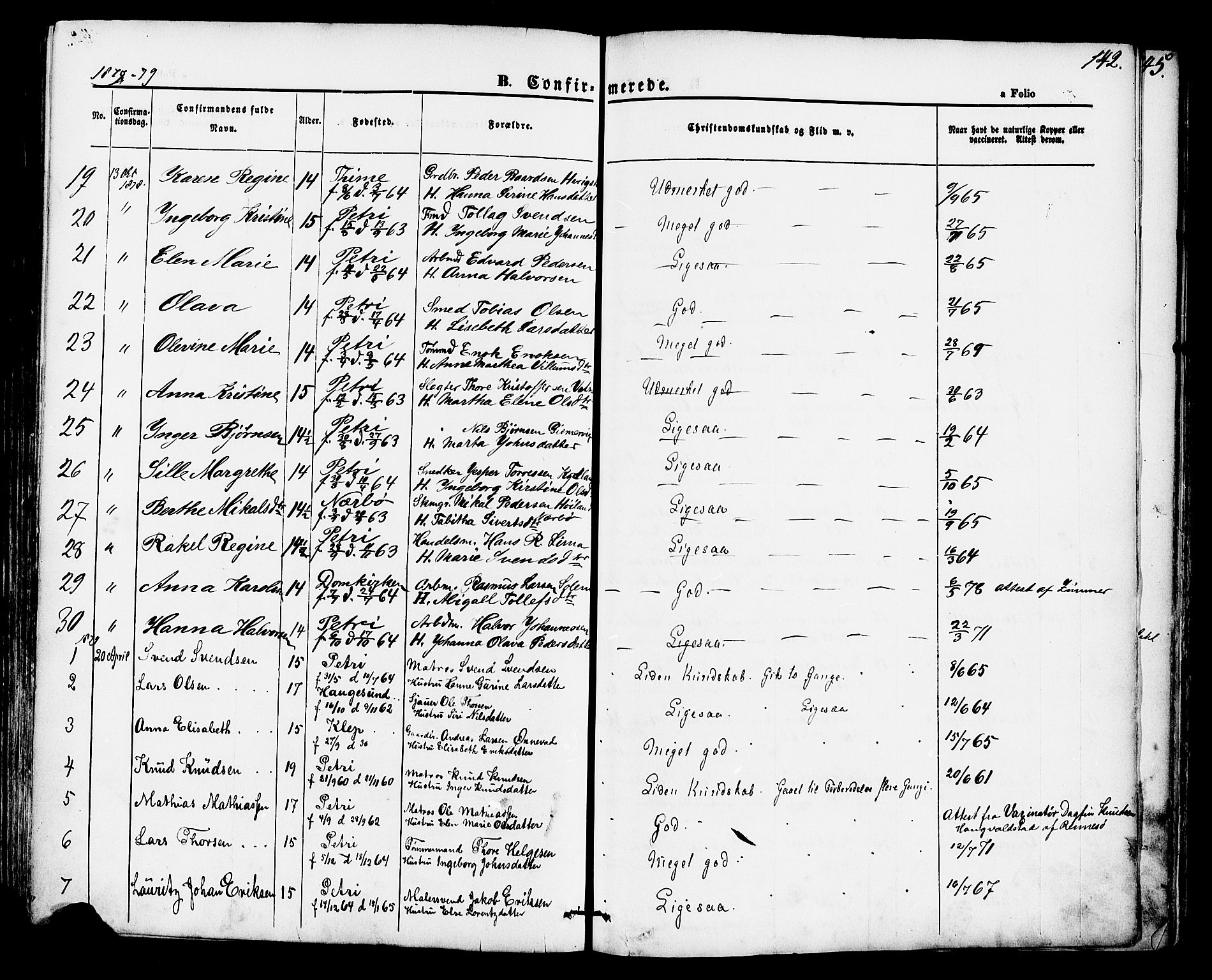 Hetland sokneprestkontor, SAST/A-101826/30/30BA/L0004: Parish register (official) no. A 4, 1862-1881, p. 142