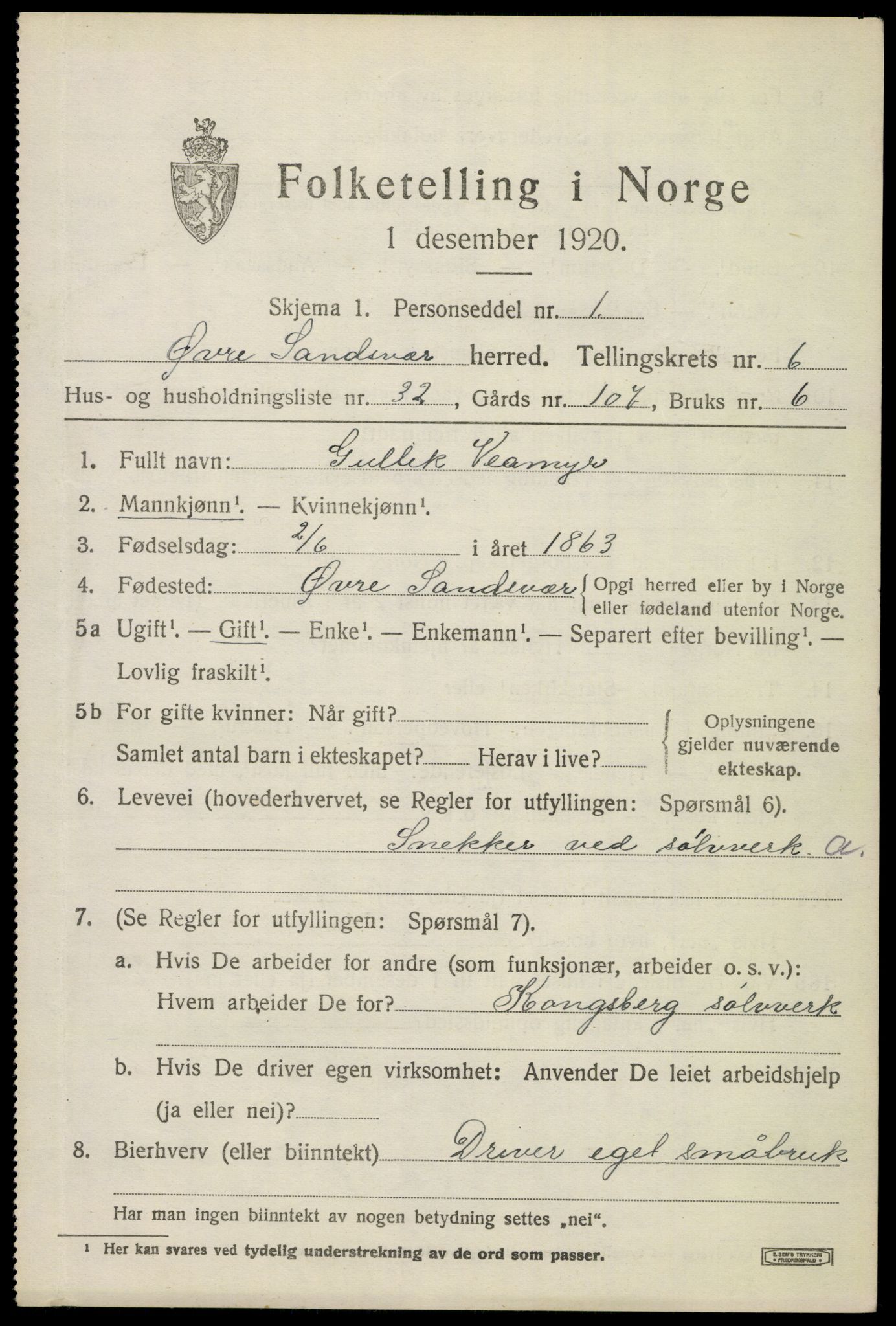 SAKO, 1920 census for Øvre Sandsvær, 1920, p. 3712