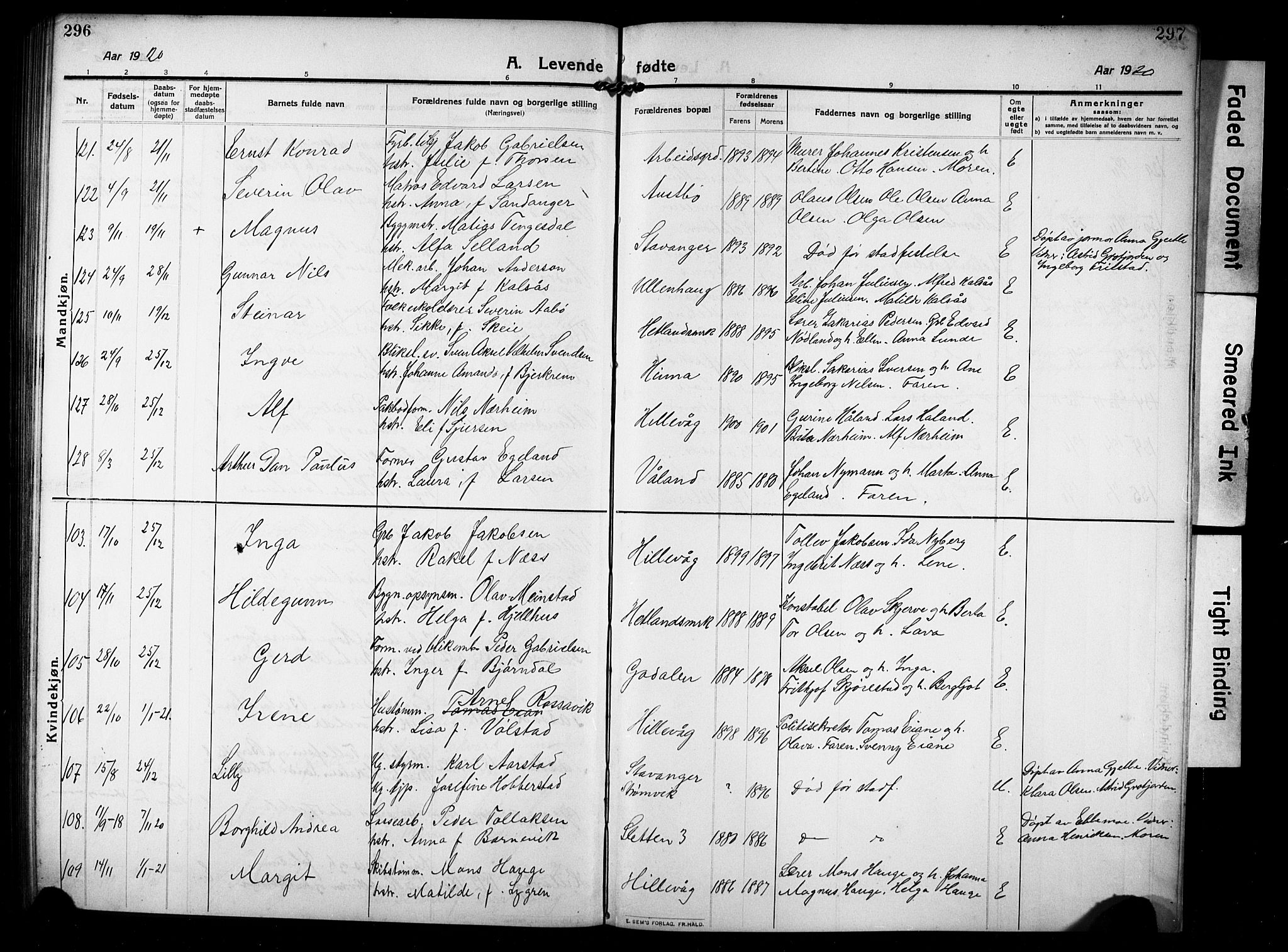 Hetland sokneprestkontor, AV/SAST-A-101826/30/30BB/L0008: Parish register (copy) no. B 8, 1910-1921, p. 296-297