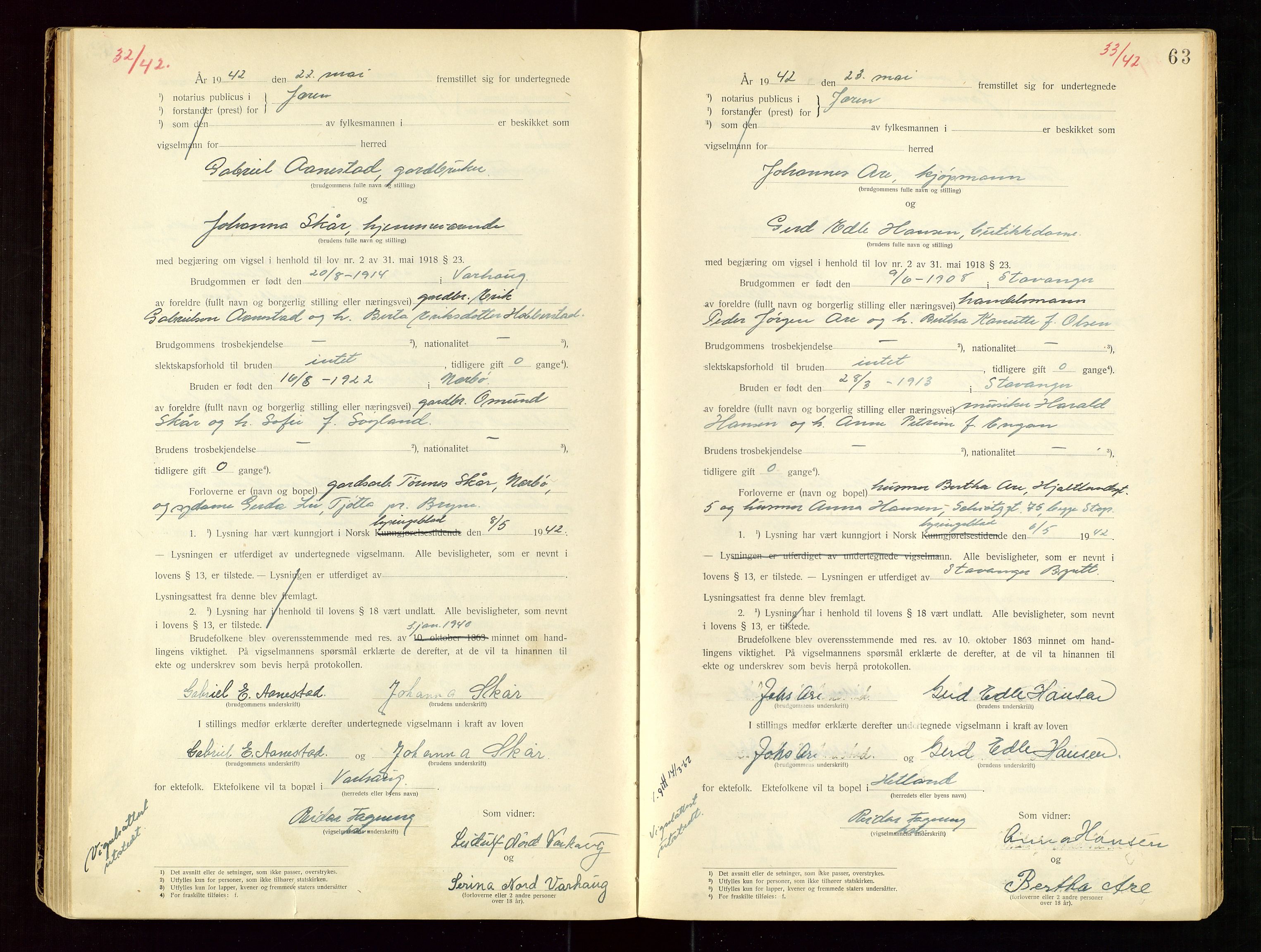 Jæren sorenskriveri, AV/SAST-A-100310/01/6/62/62BA/L0002: VIGSELSPROTOKOLL, 1937-1942, p. 63