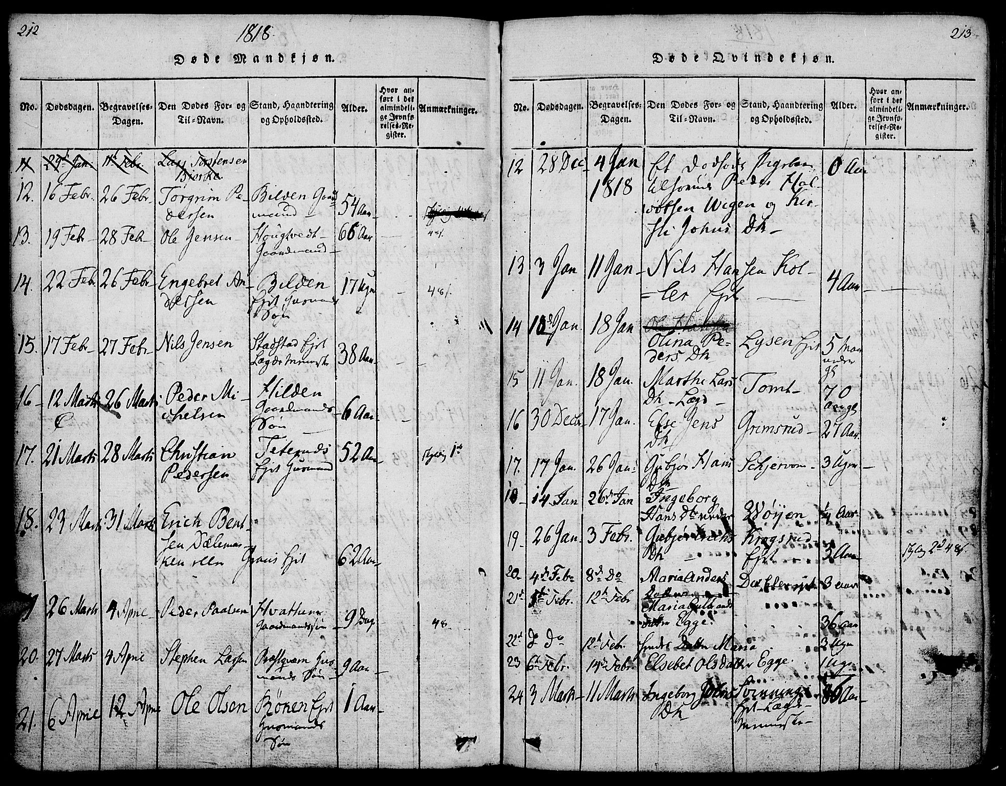 Gran prestekontor, SAH/PREST-112/H/Ha/Haa/L0009: Parish register (official) no. 9, 1815-1824, p. 212-213