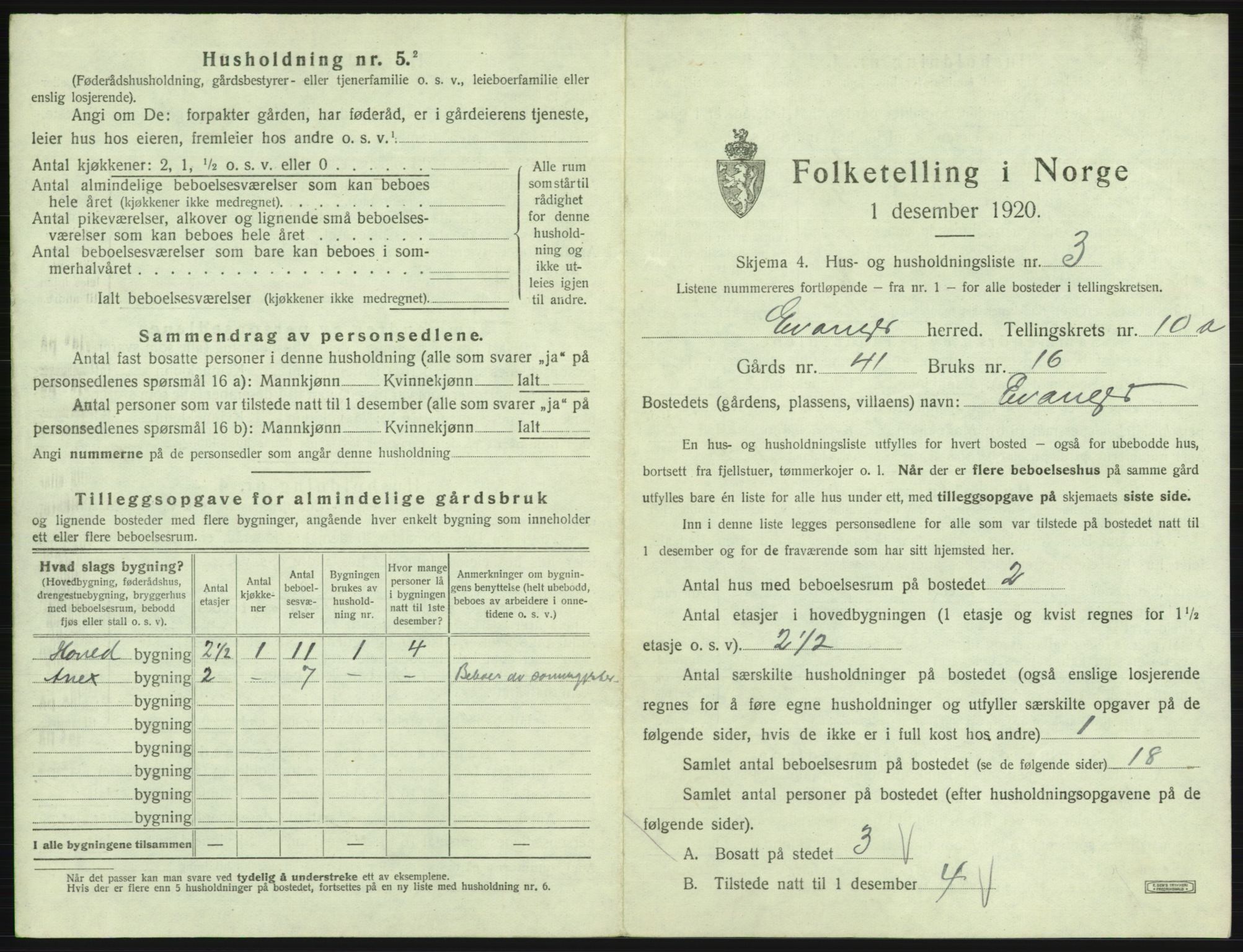 SAB, 1920 census for Evanger, 1920, p. 461