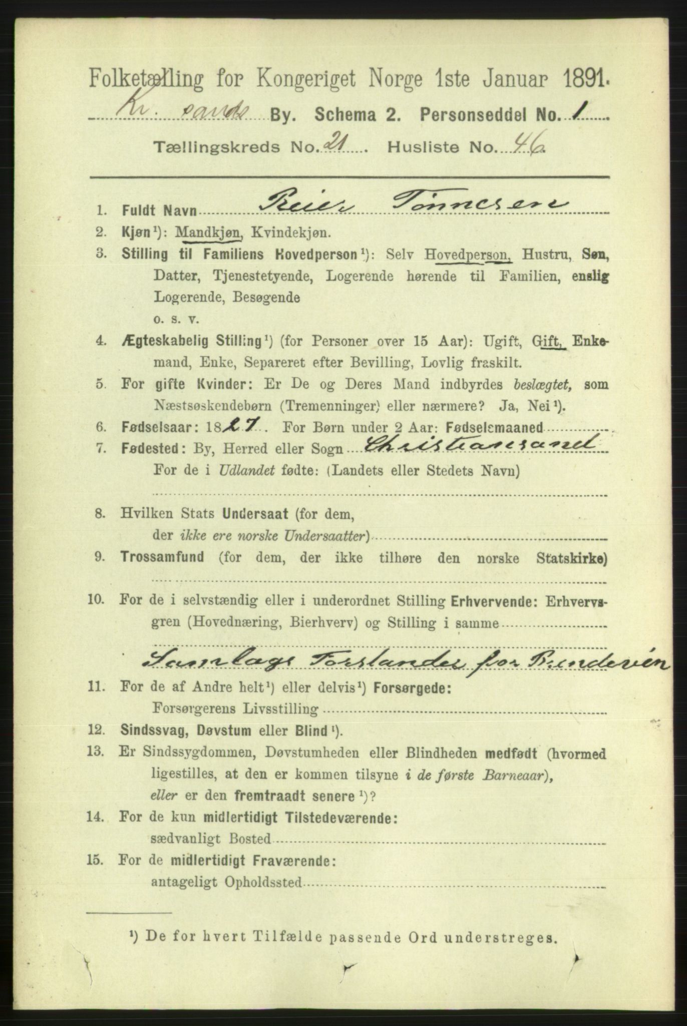 RA, 1891 census for 1001 Kristiansand, 1891, p. 8261