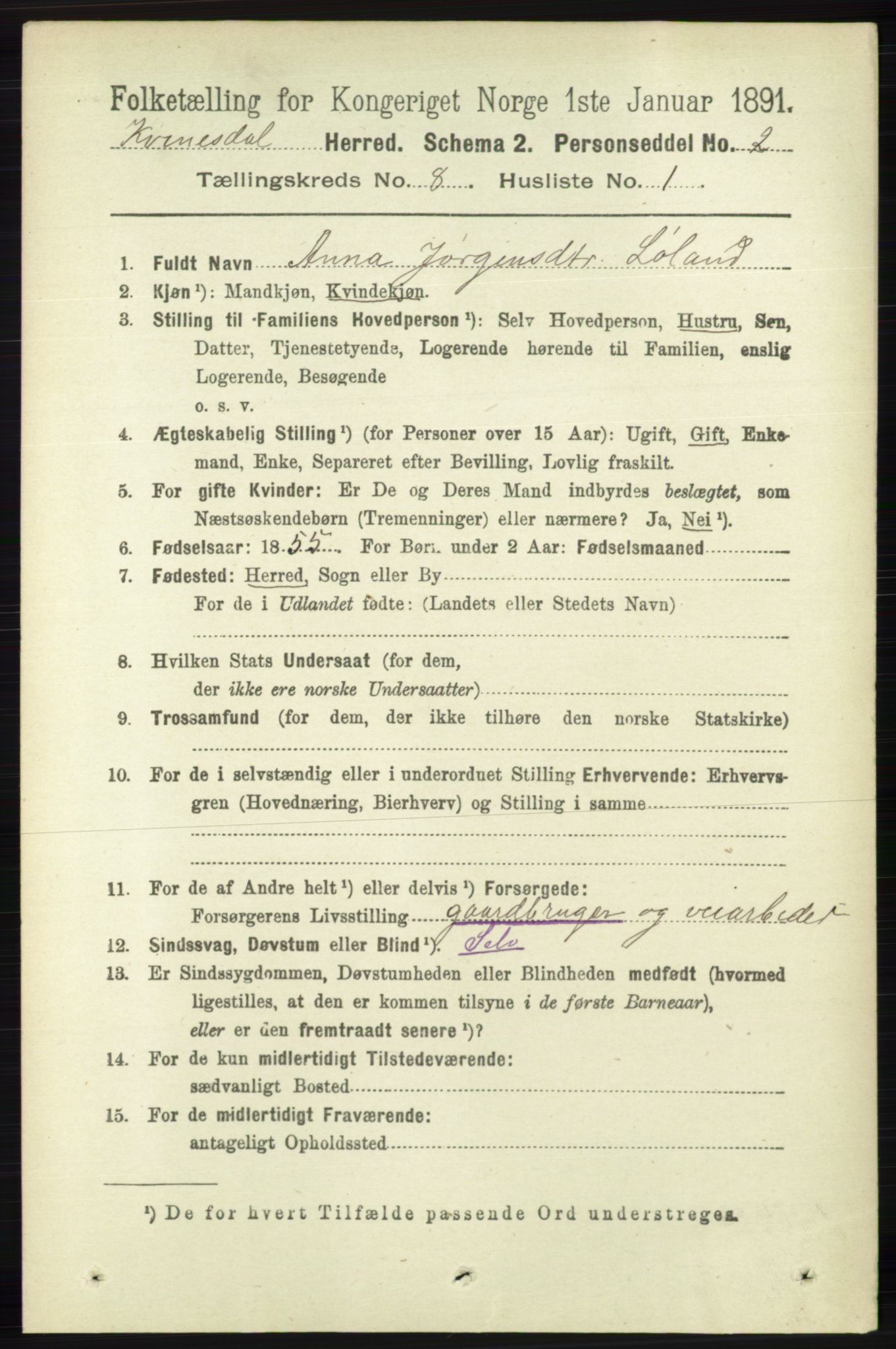 RA, 1891 census for 1037 Kvinesdal, 1891, p. 2768