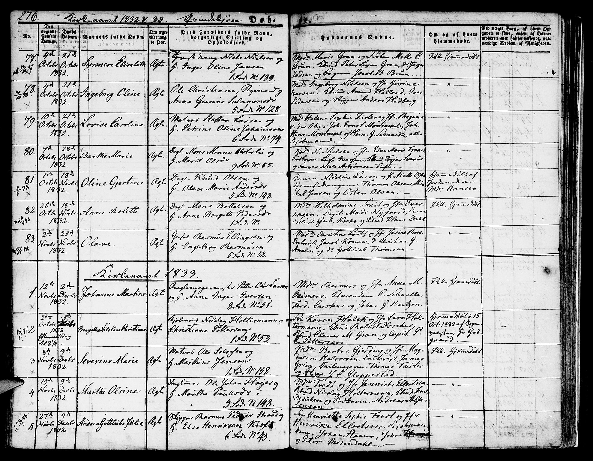 Nykirken Sokneprestembete, SAB/A-77101/H/Hab: Parish register (copy) no. A 5I, 1821-1841, p. 276
