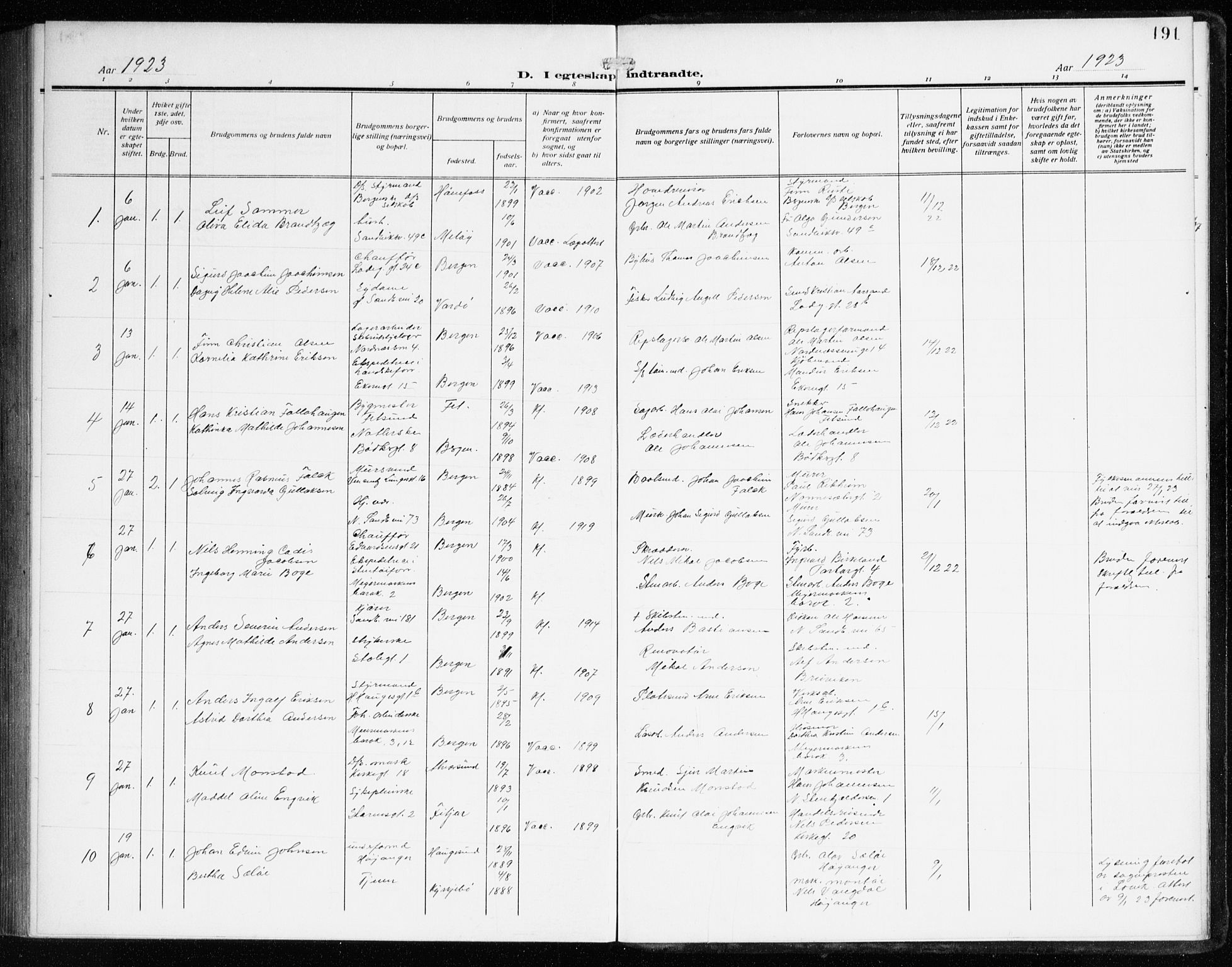 Sandviken Sokneprestembete, SAB/A-77601/H/Ha/L0015: Parish register (official) no. D 2, 1911-1923, p. 191