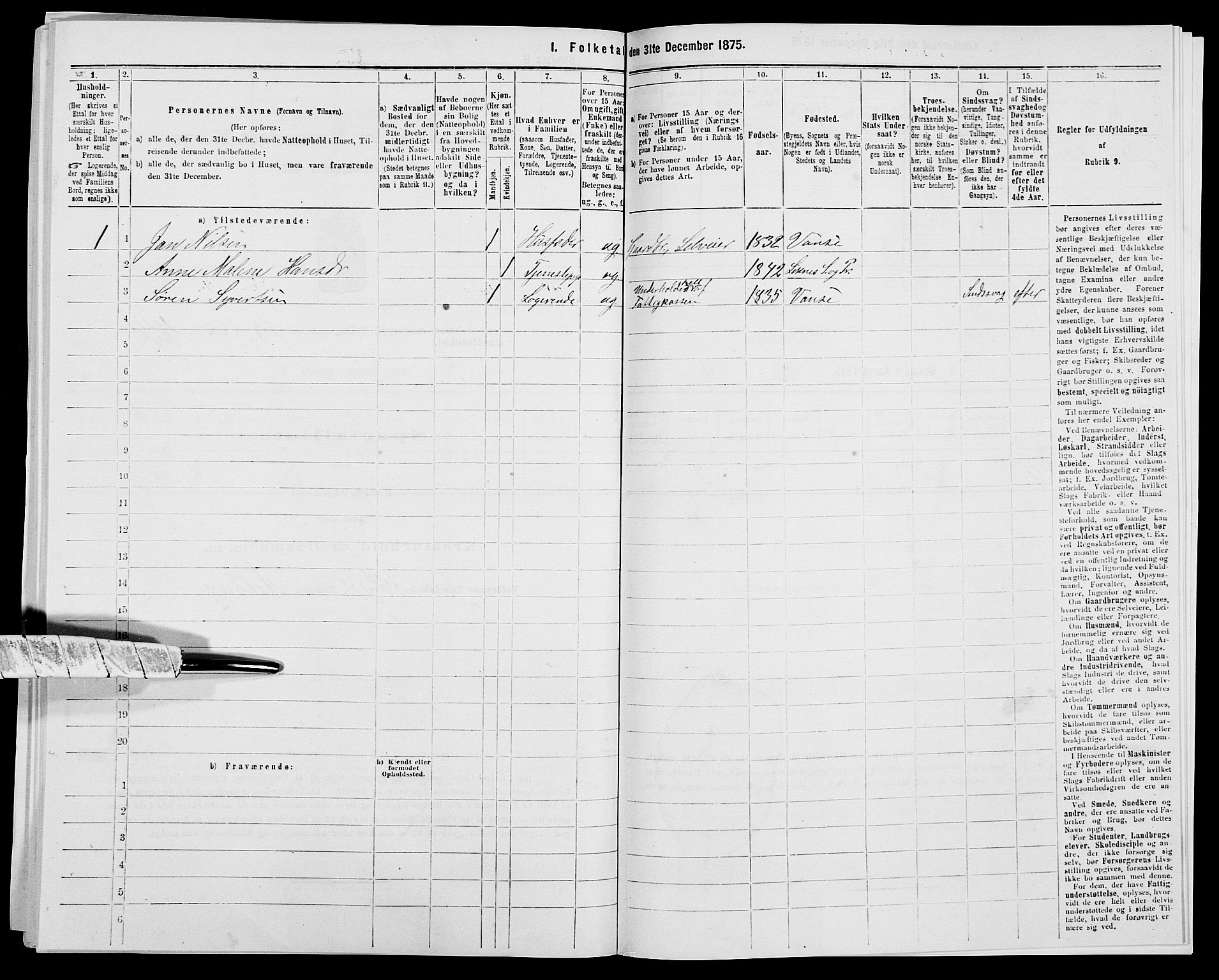 SAK, 1875 census for 1041L Vanse/Vanse og Farsund, 1875, p. 2465