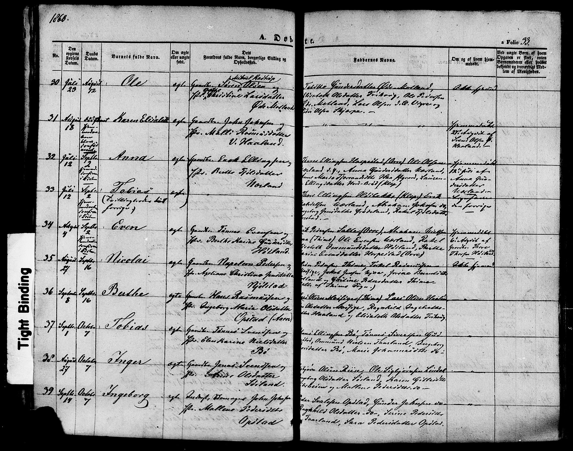 Hå sokneprestkontor, SAST/A-101801/001/30BA/L0008: Parish register (official) no. A 7, 1853-1878, p. 33