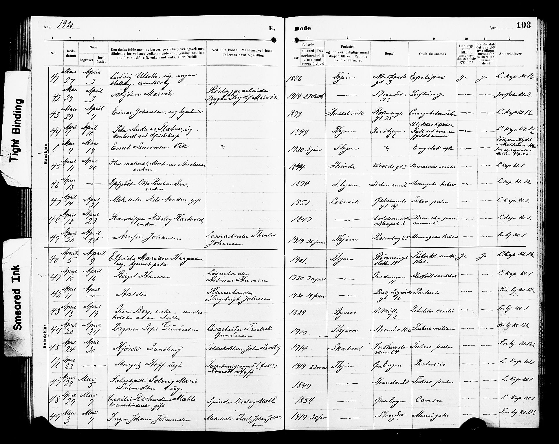 Ministerialprotokoller, klokkerbøker og fødselsregistre - Sør-Trøndelag, AV/SAT-A-1456/605/L0257: Parish register (copy) no. 605C04, 1916-1922, p. 103