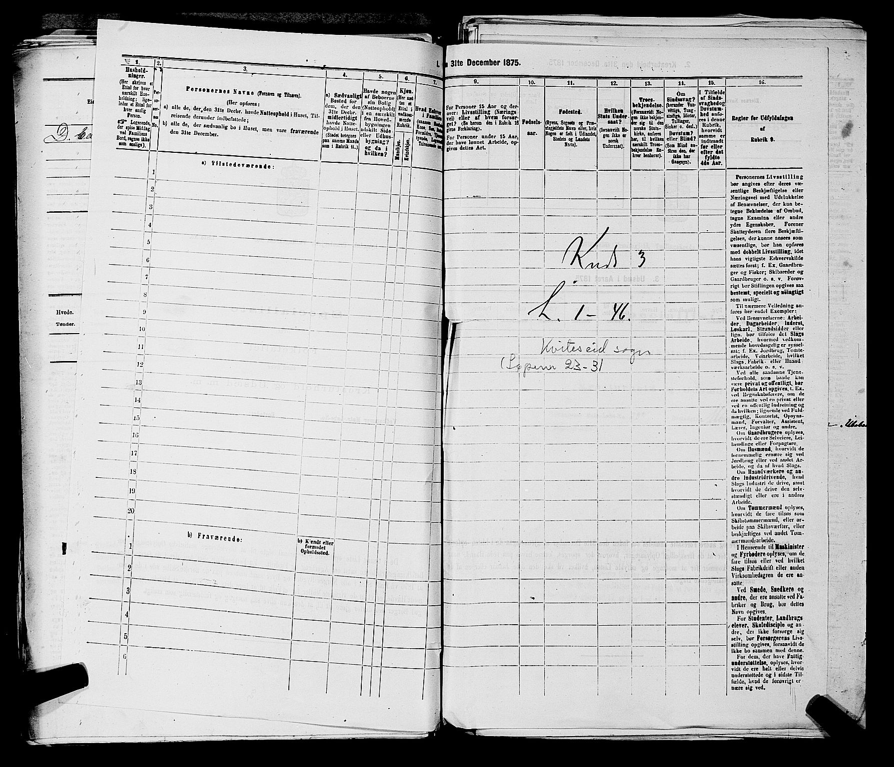 SAKO, 1875 census for 0829P Kviteseid, 1875, p. 278