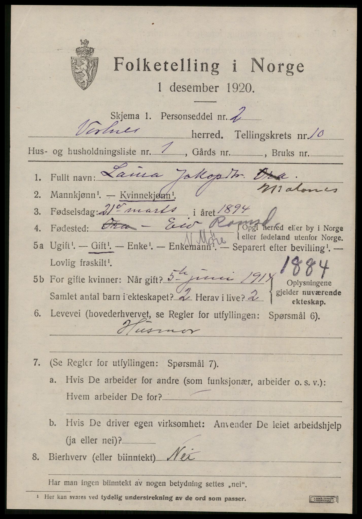 SAT, 1920 census for Vestnes, 1920, p. 6493