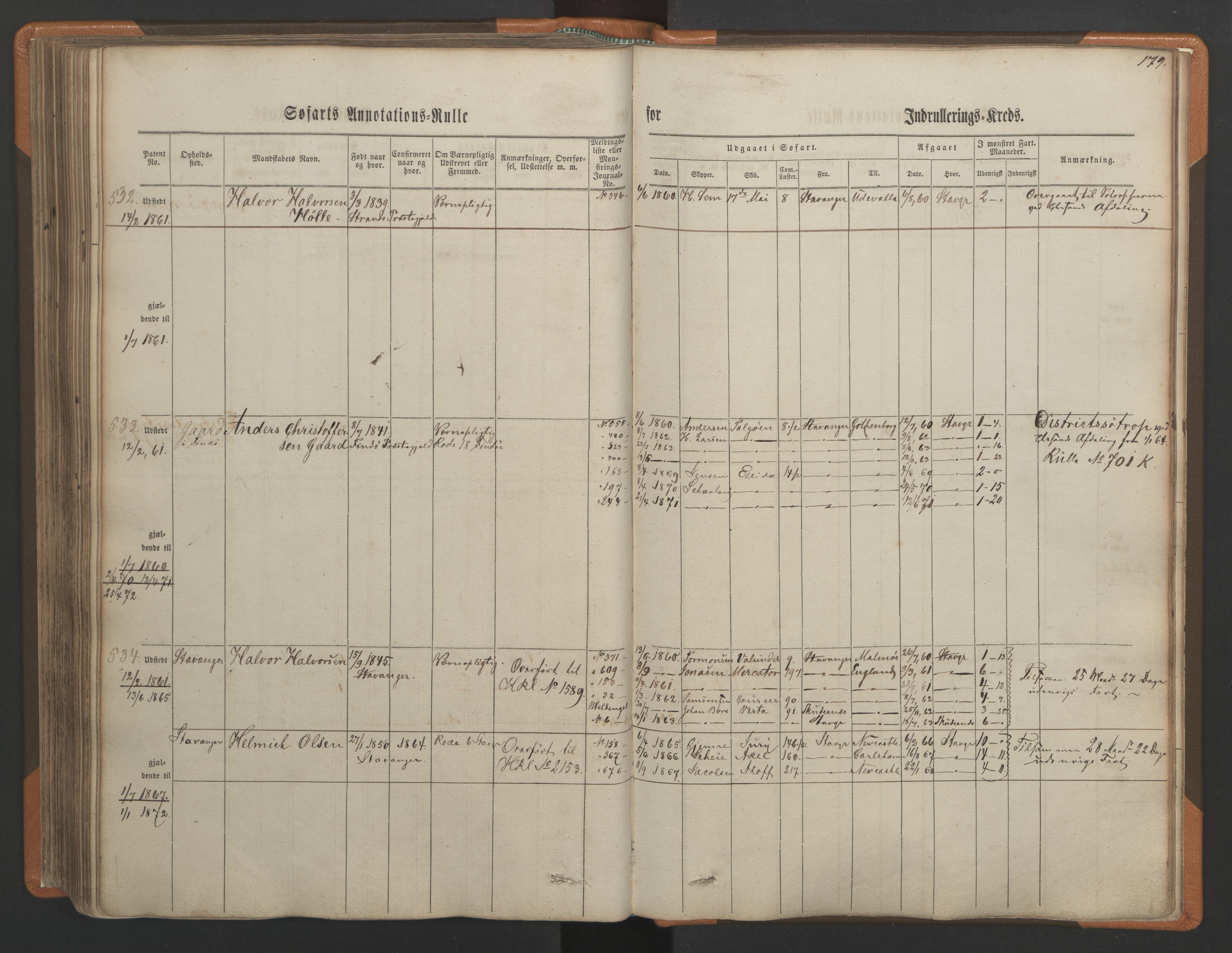 Stavanger sjømannskontor, AV/SAST-A-102006/F/Ff/L0001: Annotasjonsrulle, patentnr. 1-597 (del 1), 1860-1864, p. 189