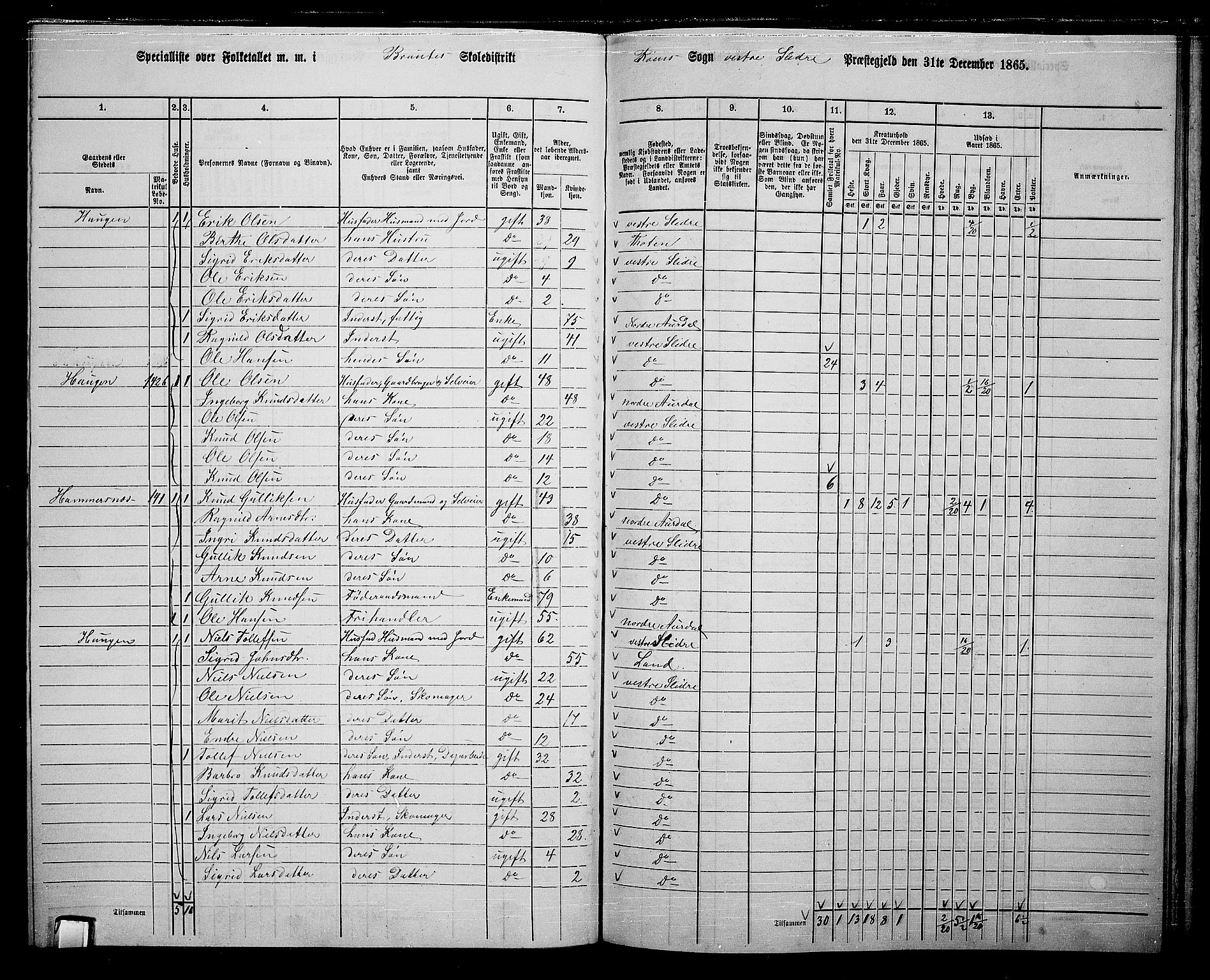 RA, 1865 census for Vestre Slidre, 1865, p. 116
