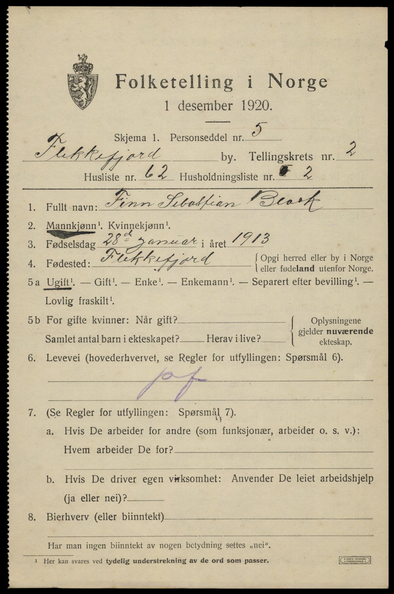 SAK, 1920 census for Flekkefjord, 1920, p. 3236