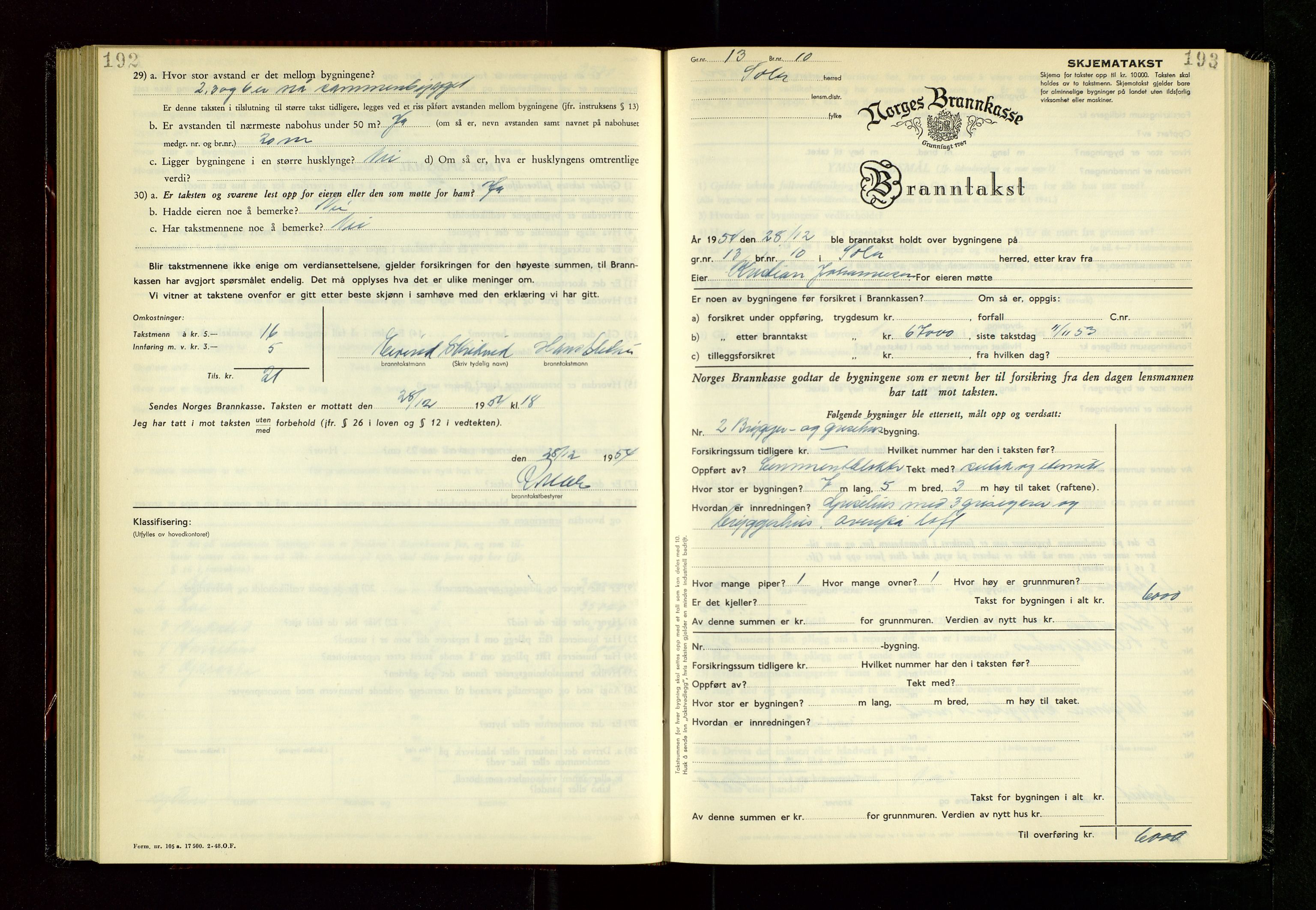 Håland lensmannskontor, AV/SAST-A-100100/Gob/L0014: "Branntakstprotokoll" - skjematakst, 1951-1955, p. 192-193