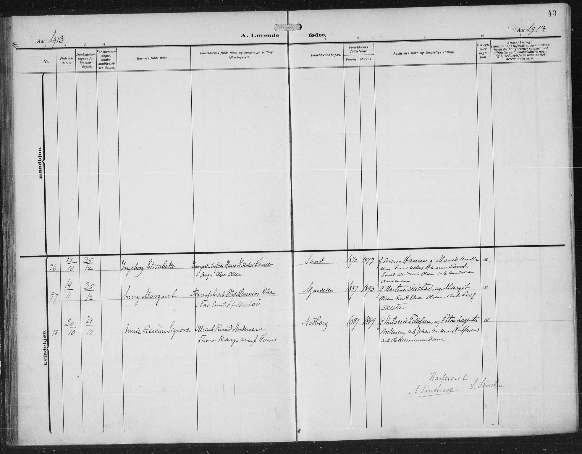 Nedre Eiker kirkebøker, AV/SAKO-A-612/F/Fa/L0007: Parish register (official) no. 7, 1912-1918, p. 43