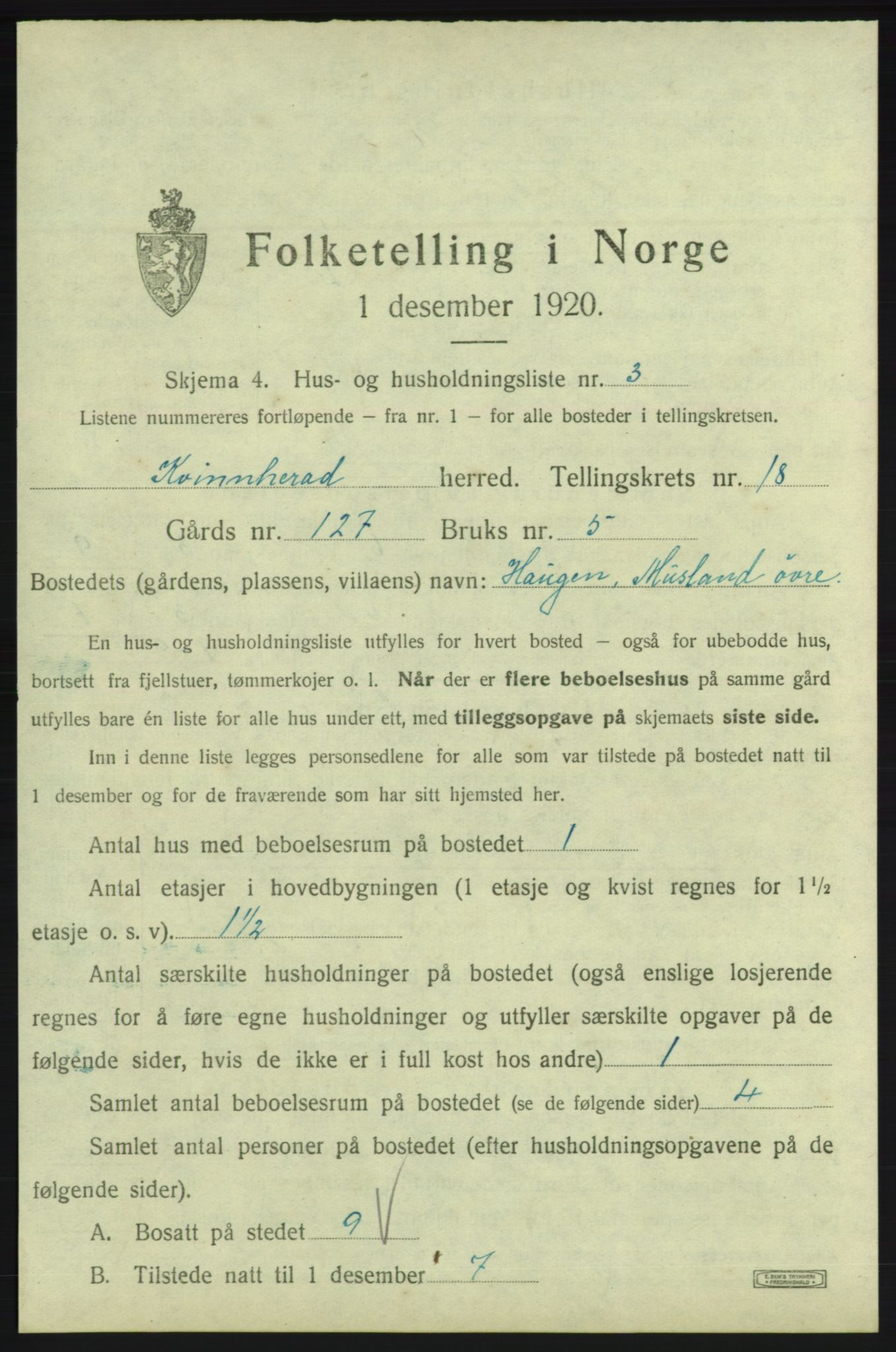 SAB, 1920 census for Kvinnherad, 1920, p. 2735