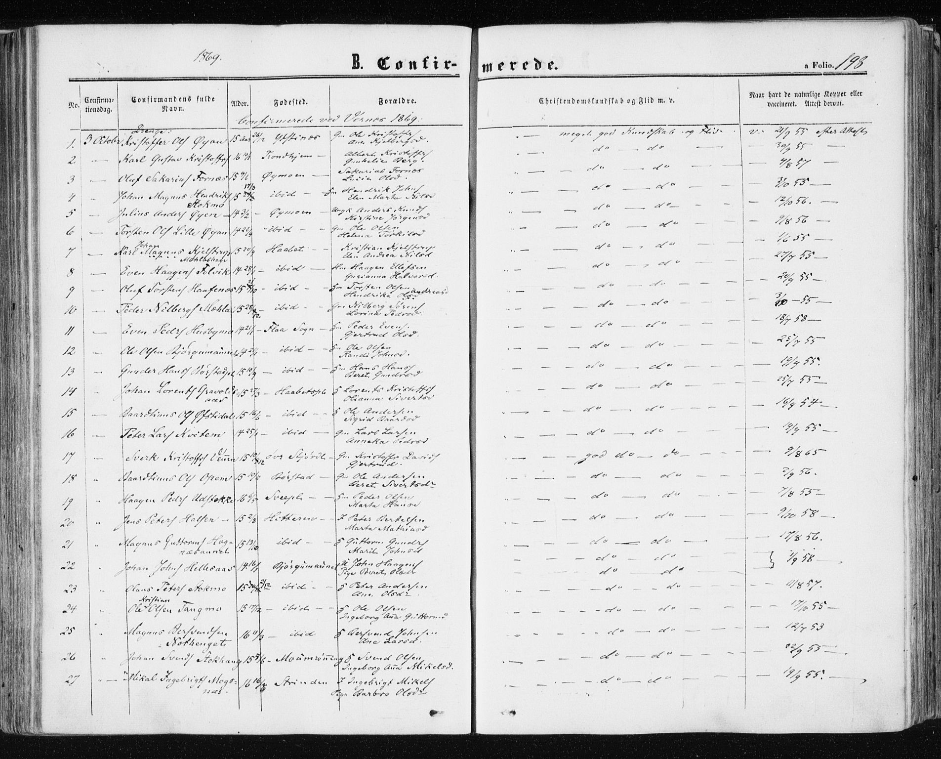 Ministerialprotokoller, klokkerbøker og fødselsregistre - Nord-Trøndelag, SAT/A-1458/709/L0075: Parish register (official) no. 709A15, 1859-1870, p. 198