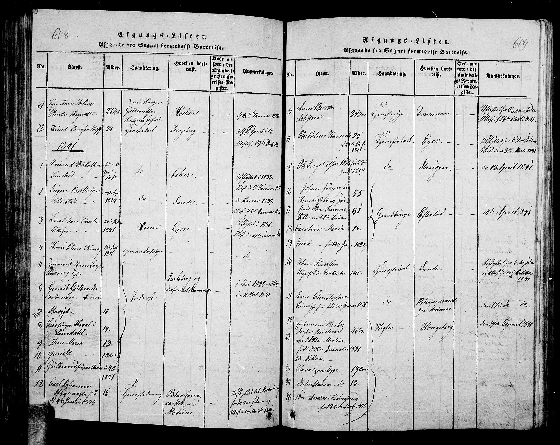 Hof kirkebøker, AV/SAKO-A-64/G/Ga/L0001: Parish register (copy) no. I 1, 1814-1844, p. 608-609