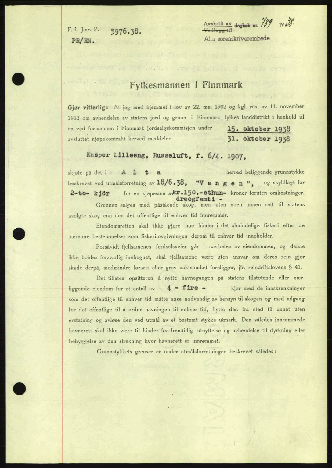 Alta fogderi/sorenskriveri, SATØ/SATØ-5/1/K/Kd/L0031pantebok: Mortgage book no. 31, 1938-1939, Diary no: : 789/1938