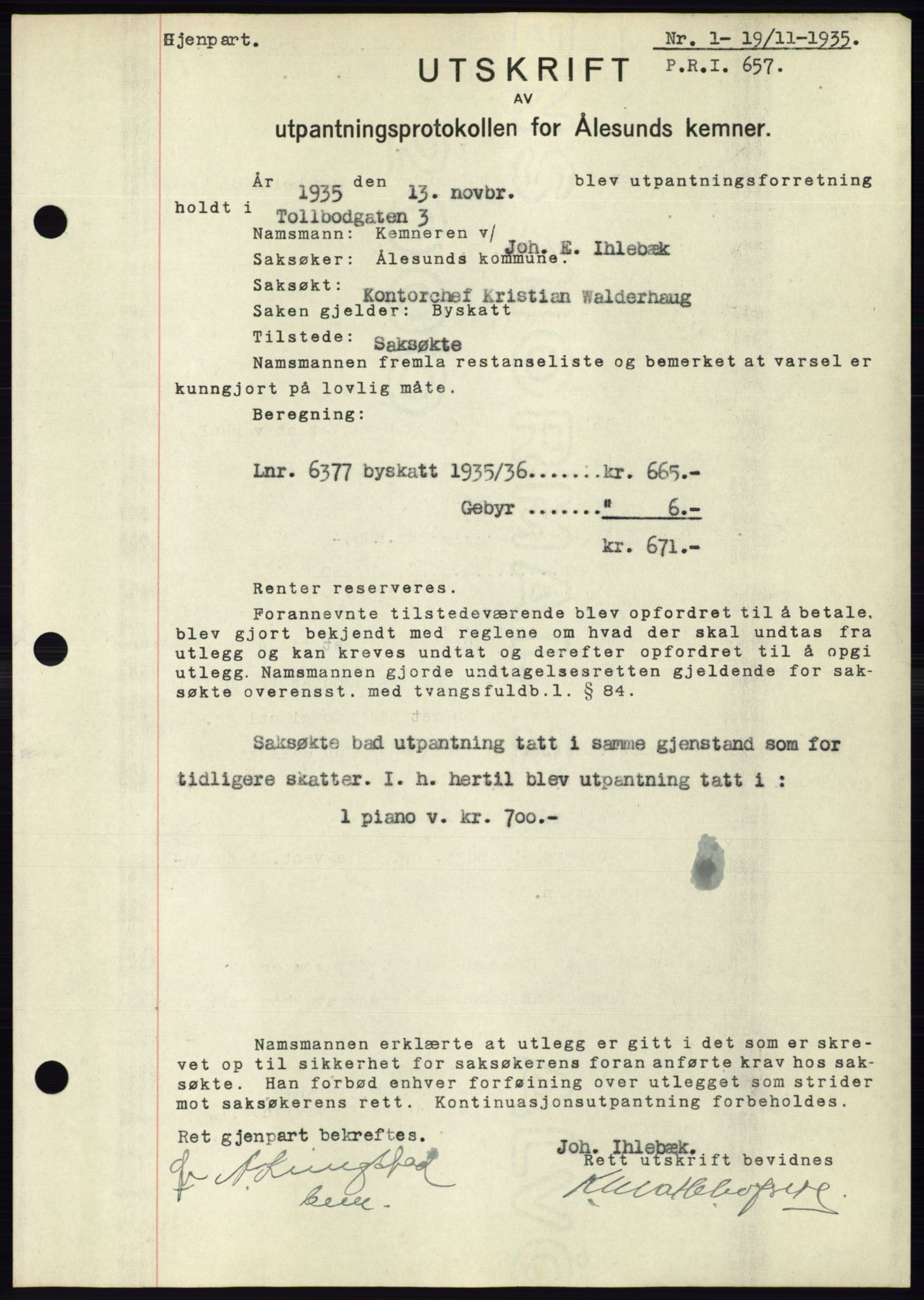 Ålesund byfogd, AV/SAT-A-4384: Mortgage book no. 32, 1934-1935, Deed date: 19.11.1935