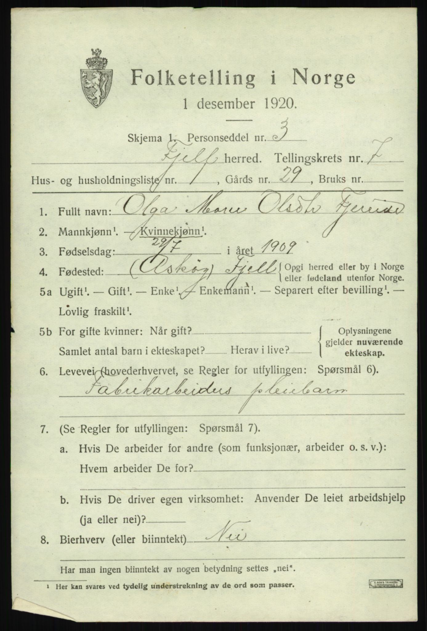 SAB, 1920 census for Fjell, 1920, p. 6410