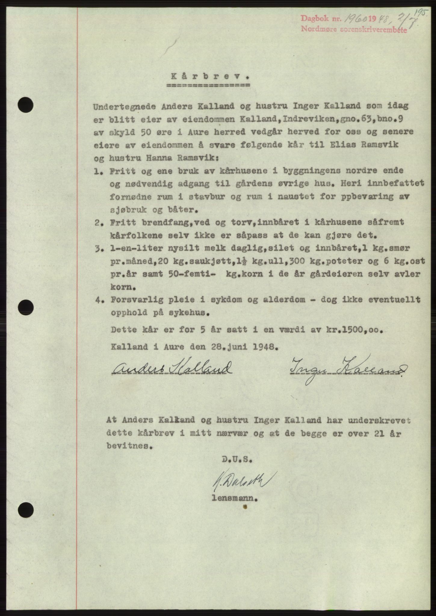 Nordmøre sorenskriveri, AV/SAT-A-4132/1/2/2Ca: Mortgage book no. B99, 1948-1948, Diary no: : 1960/1948