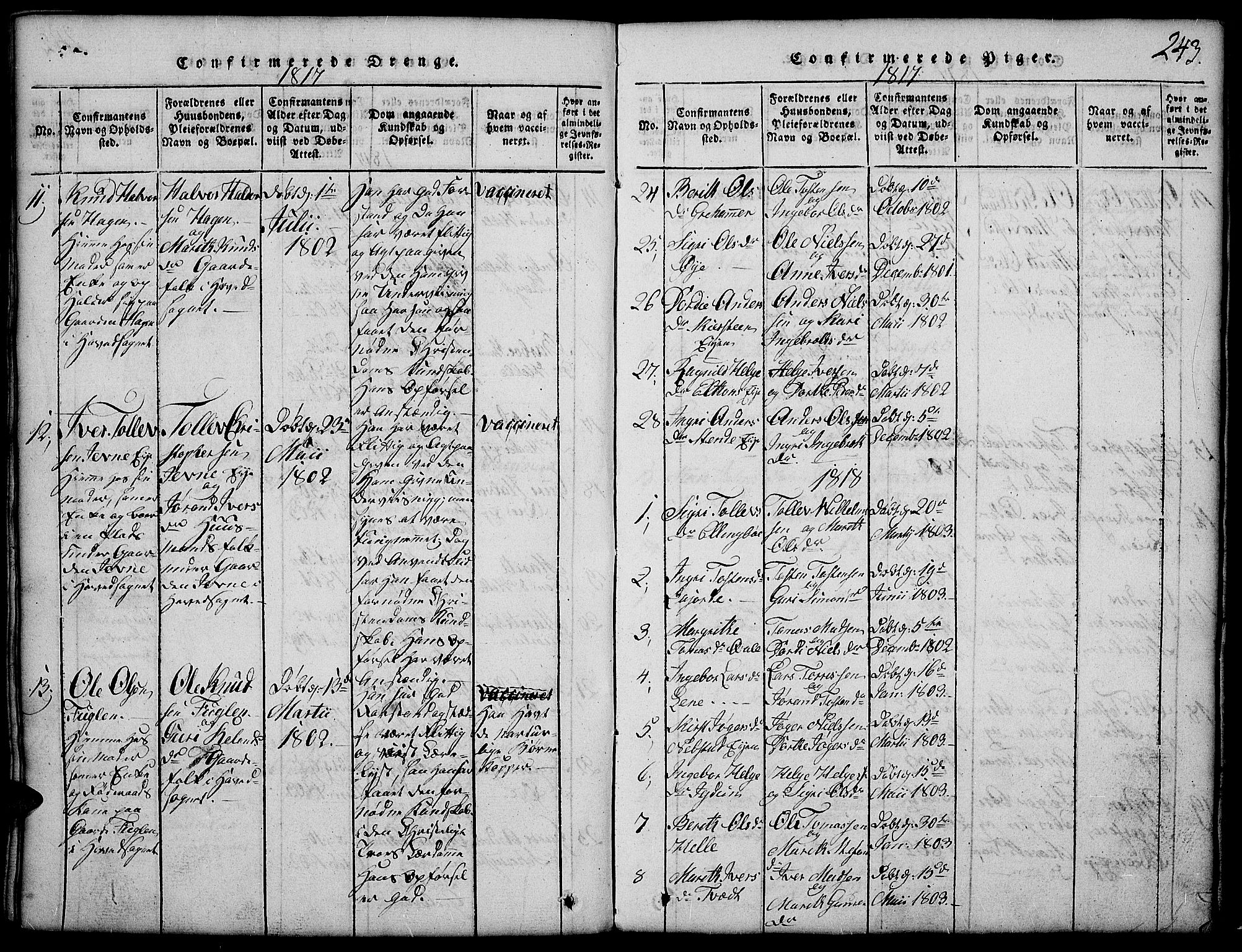 Vang prestekontor, Valdres, SAH/PREST-140/H/Hb/L0002: Parish register (copy) no. 2, 1814-1889, p. 243