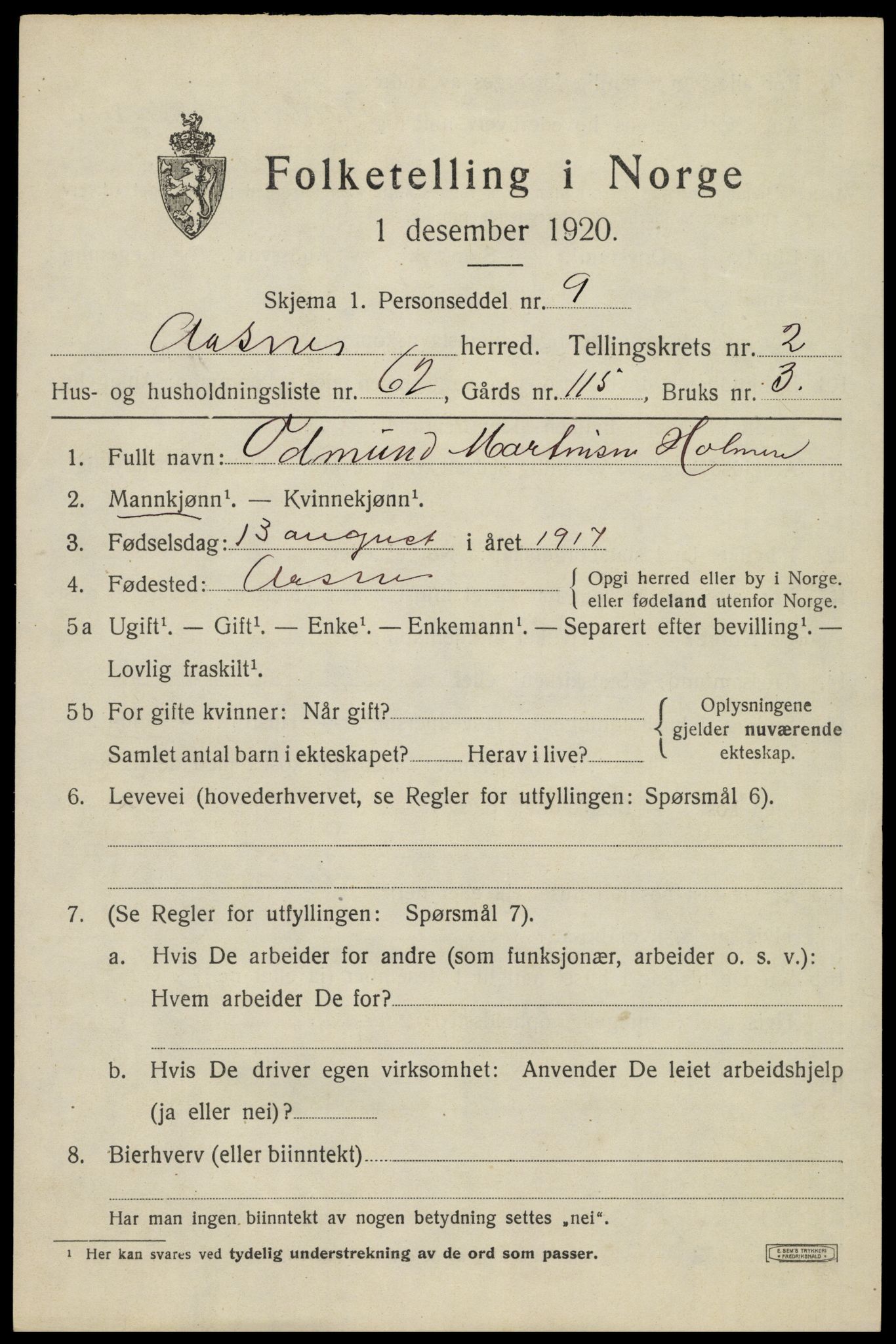 SAH, 1920 census for Åsnes, 1920, p. 3600