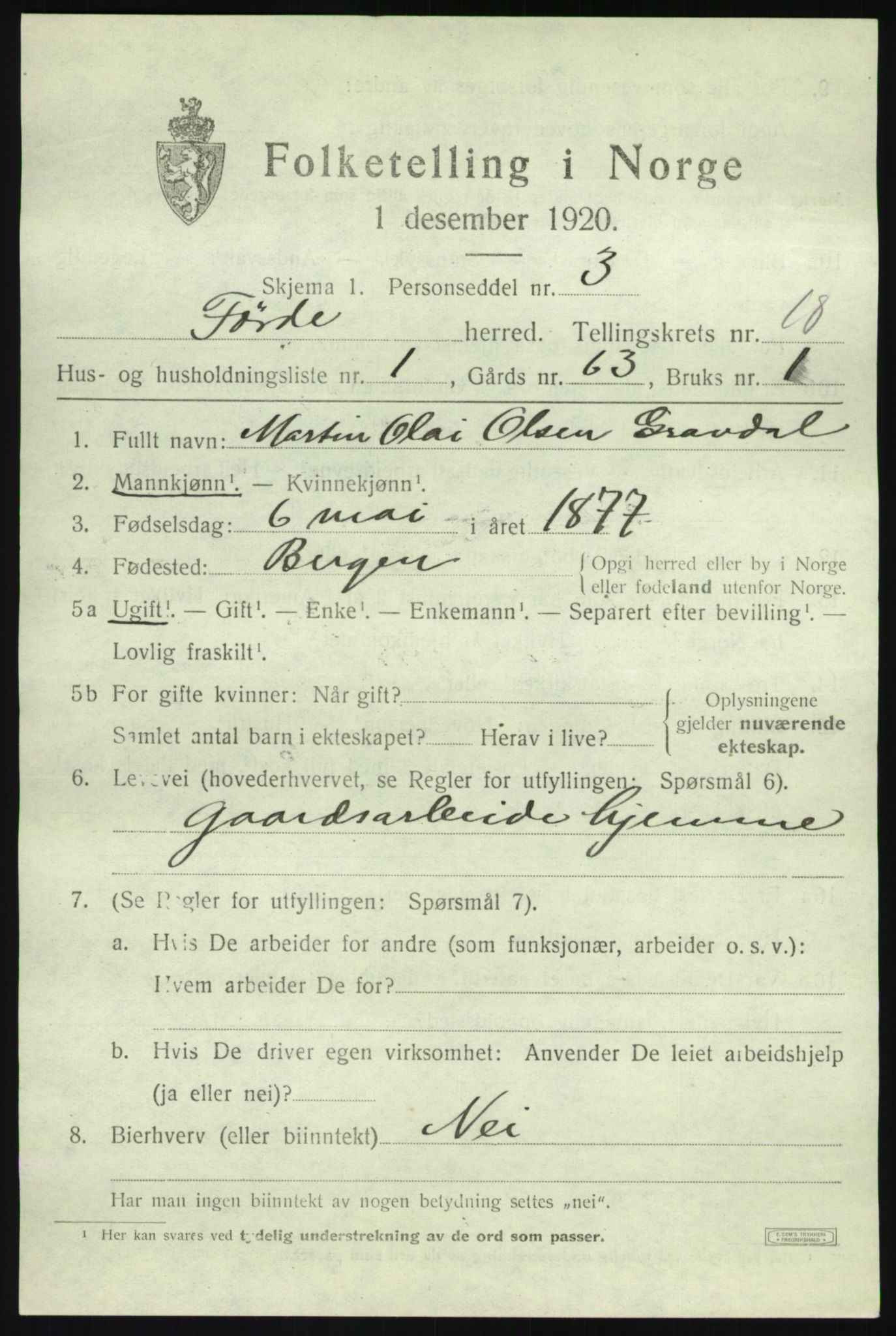 SAB, 1920 census for Førde, 1920, p. 6452