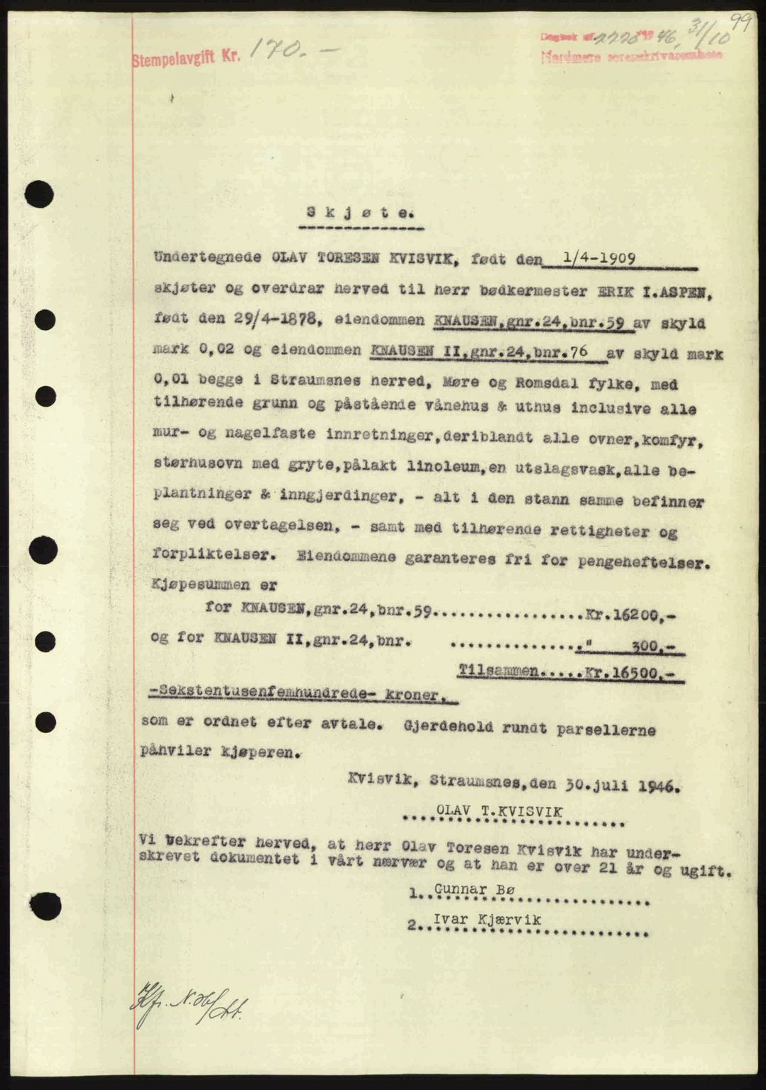 Nordmøre sorenskriveri, AV/SAT-A-4132/1/2/2Ca: Mortgage book no. A103, 1946-1947, Diary no: : 2220/1946