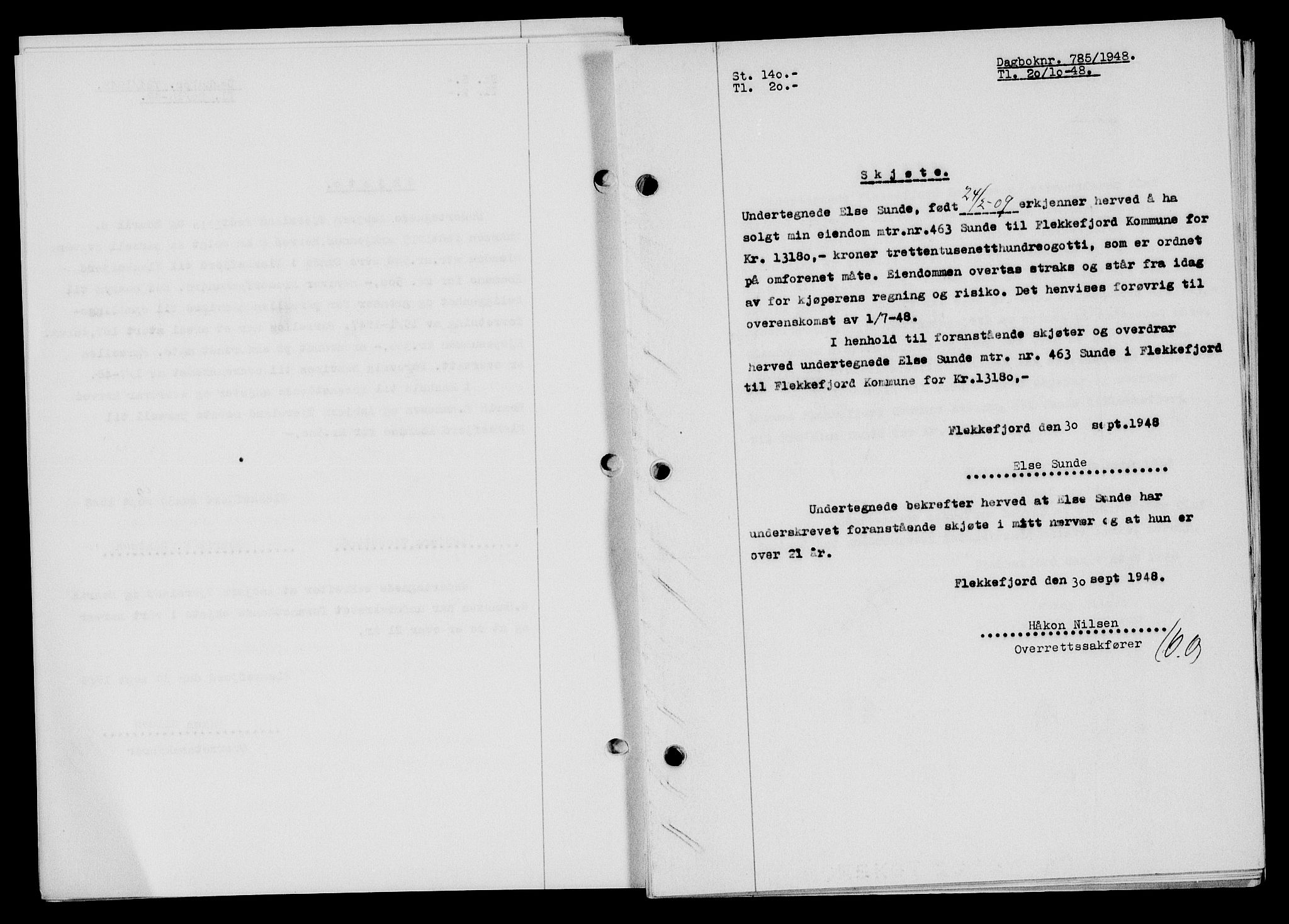 Flekkefjord sorenskriveri, SAK/1221-0001/G/Gb/Gba/L0064: Mortgage book no. A-12, 1948-1949, Diary no: : 785/1948