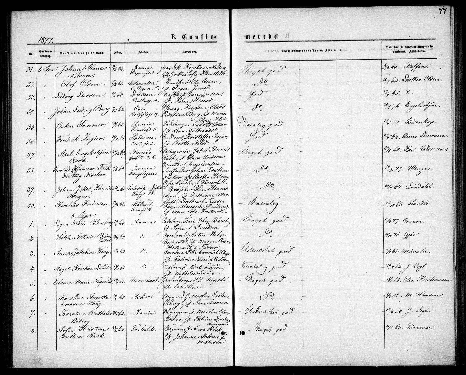 Oslo domkirke Kirkebøker, AV/SAO-A-10752/F/Fa/L0018: Parish register (official) no. 18, 1872-1886, p. 77