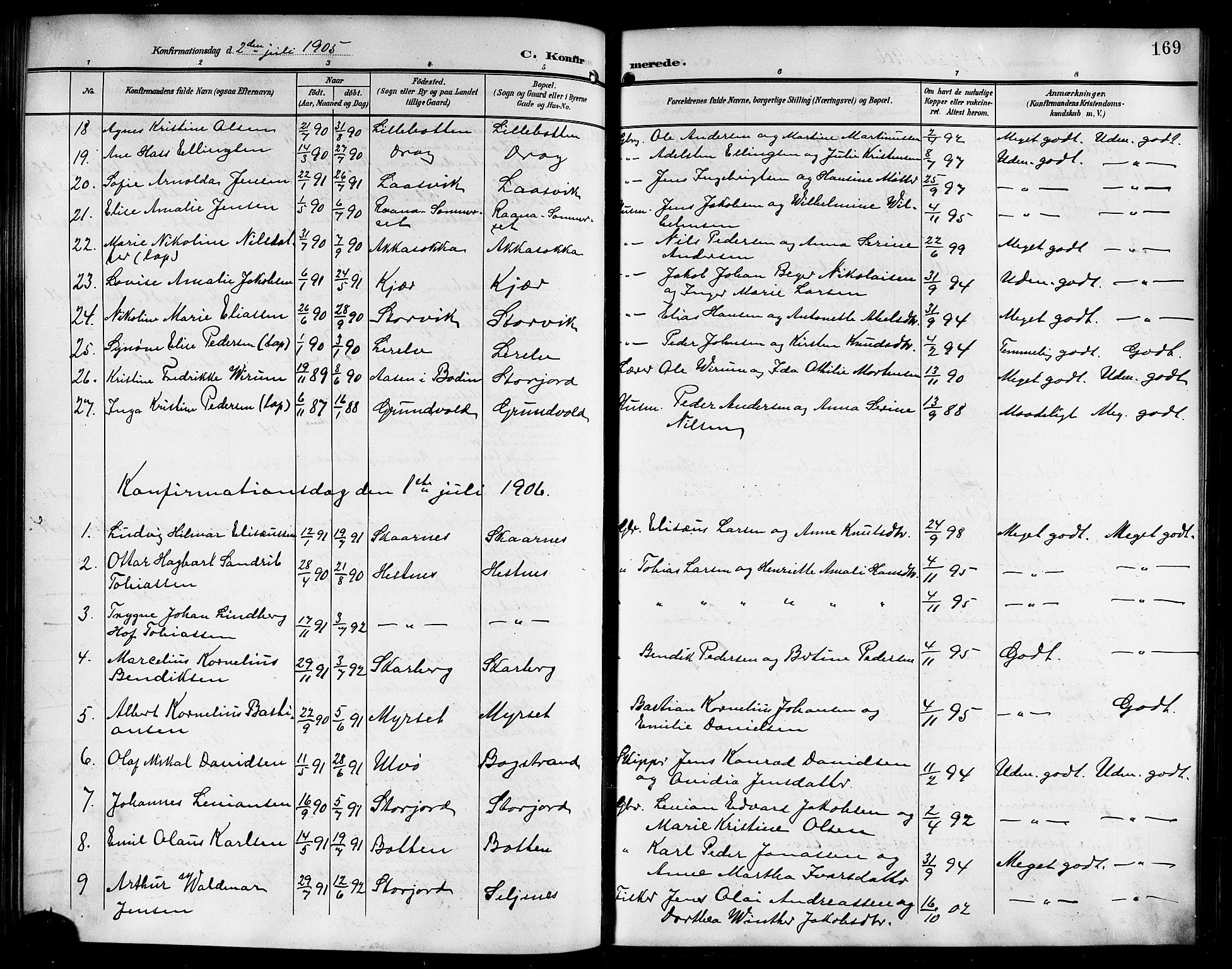 Ministerialprotokoller, klokkerbøker og fødselsregistre - Nordland, AV/SAT-A-1459/861/L0877: Parish register (copy) no. 861C03, 1903-1919, p. 169