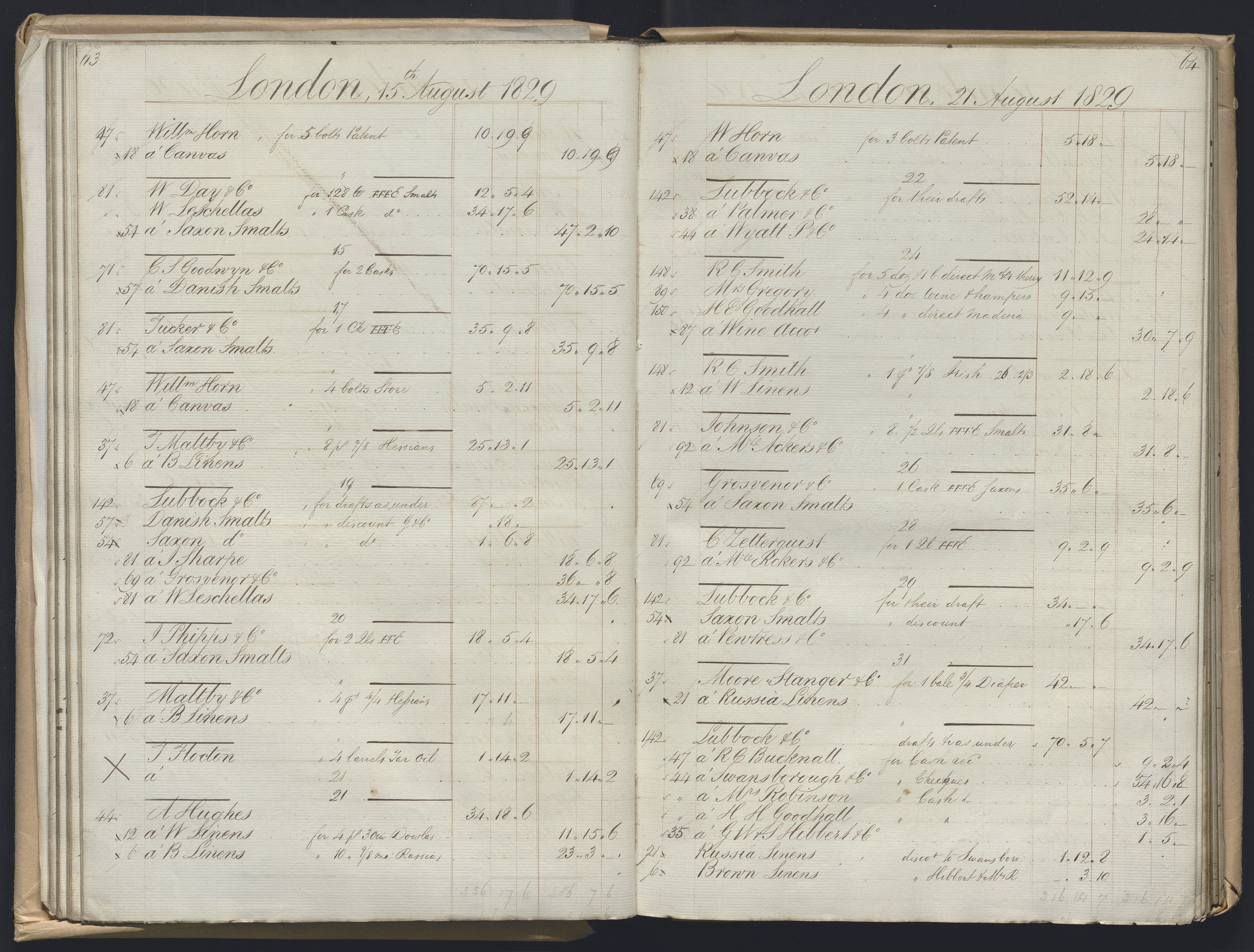 Smith, Goodhall & Reeves, AV/RA-PA-0586/R/L0001: Dagbok (Daybook) A, 1829-1831, p. 63-64